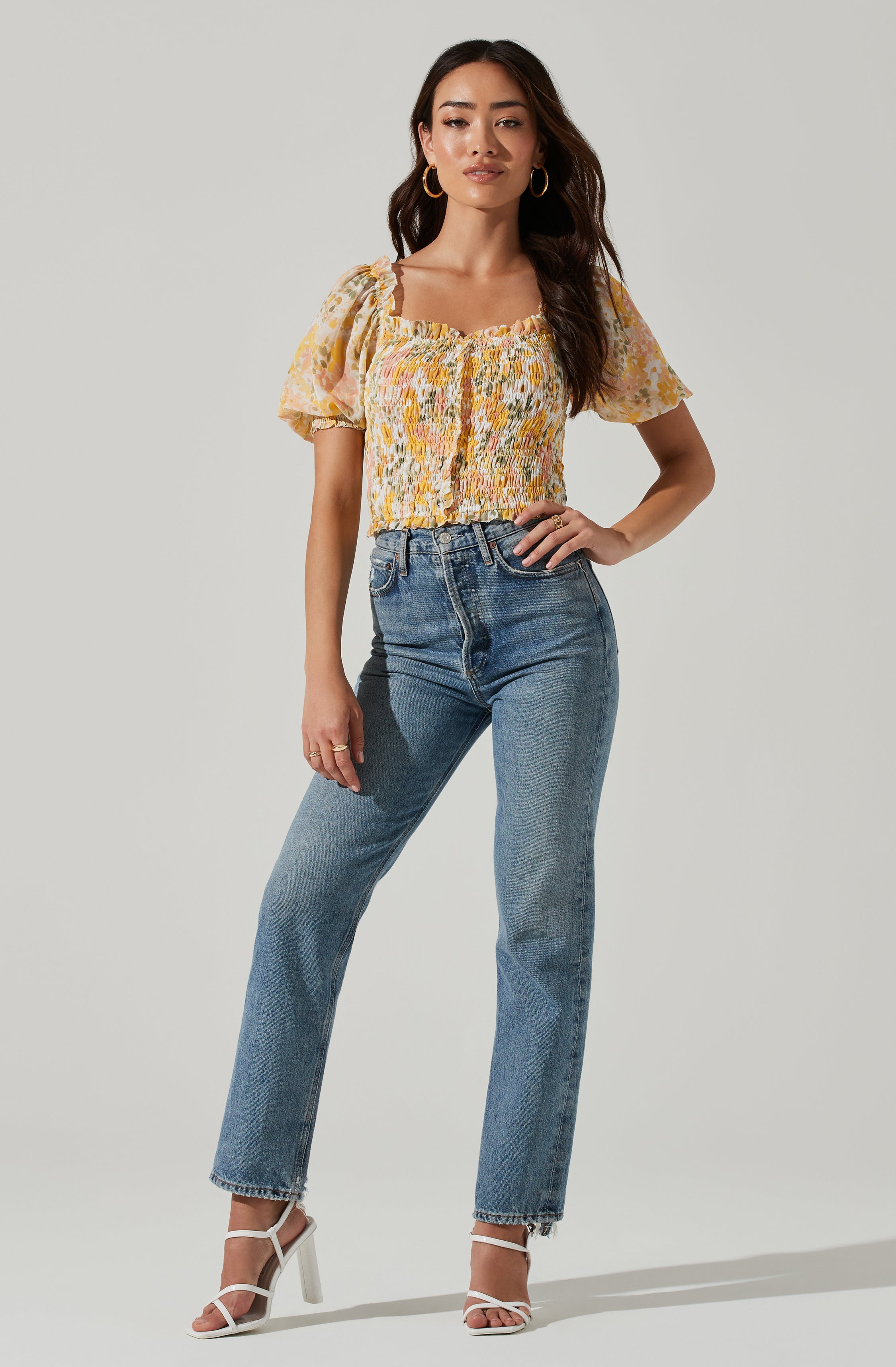 Floral Smocked Half Sleeve Top-Aljck