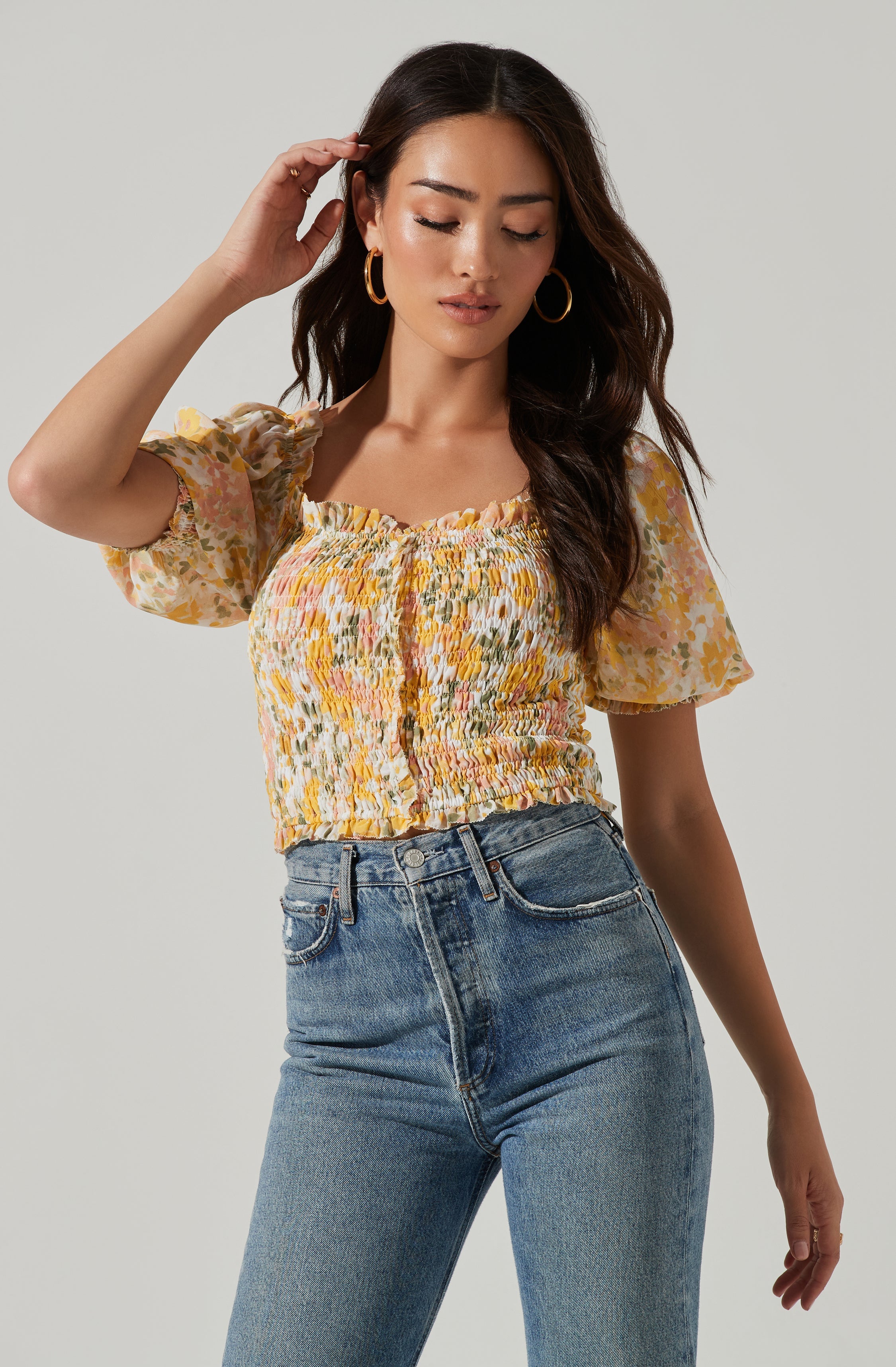 Floral Smocked Half Sleeve Top-Aljck