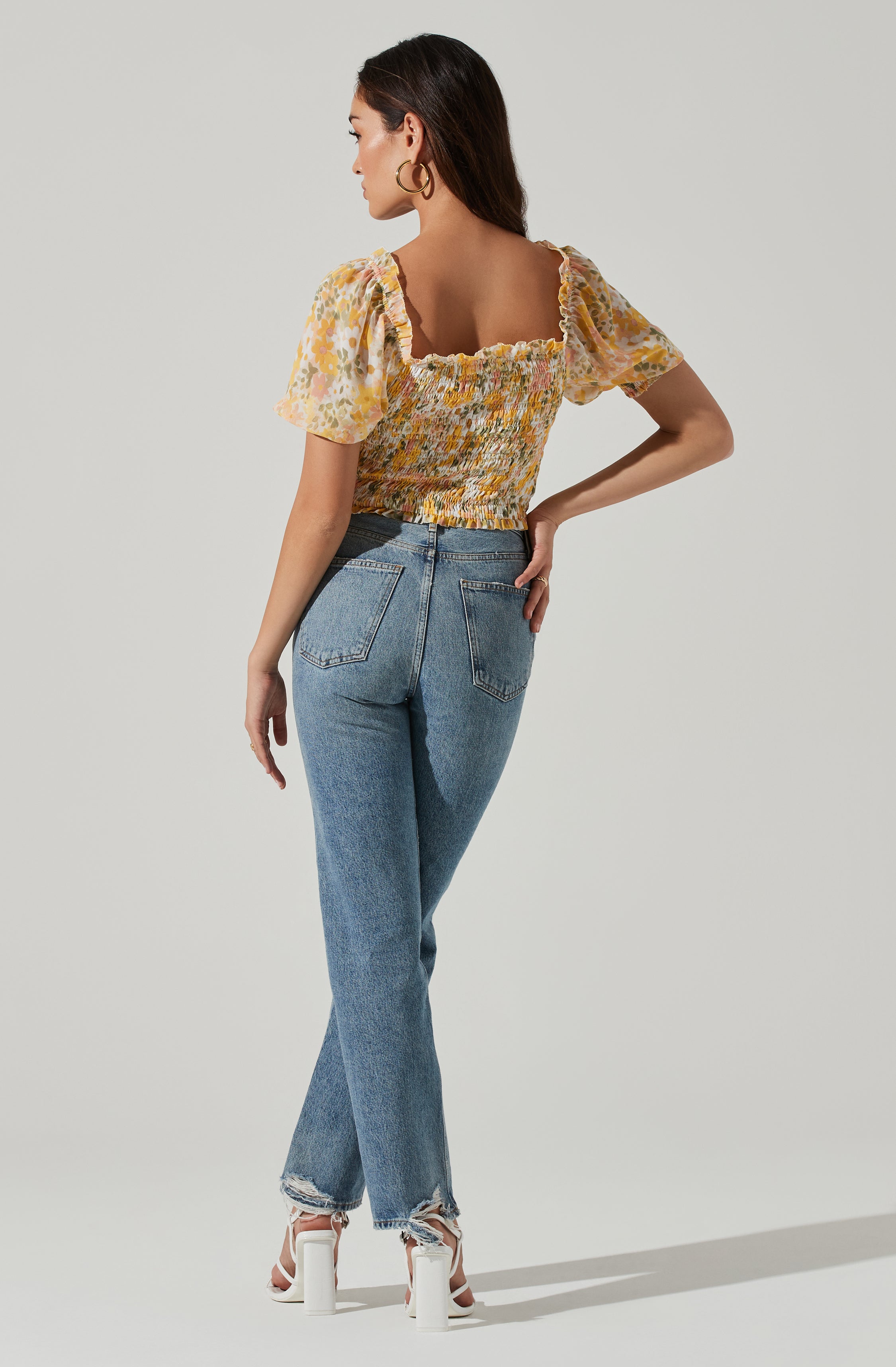 Floral Smocked Half Sleeve Top-Aljck