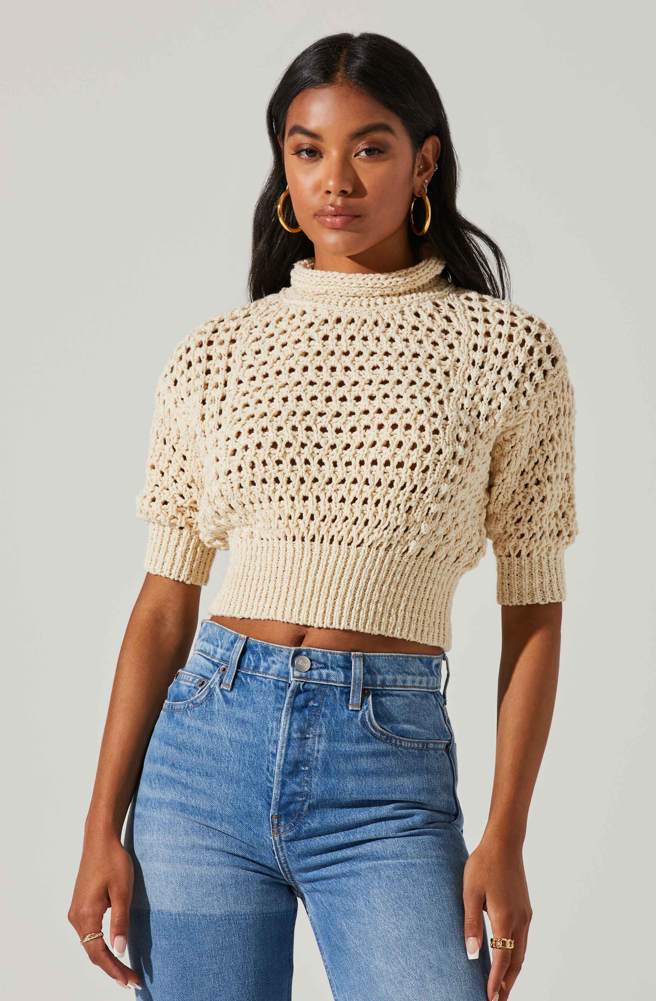 Crochet Boxy Cowl Neck Sweater-Aljck