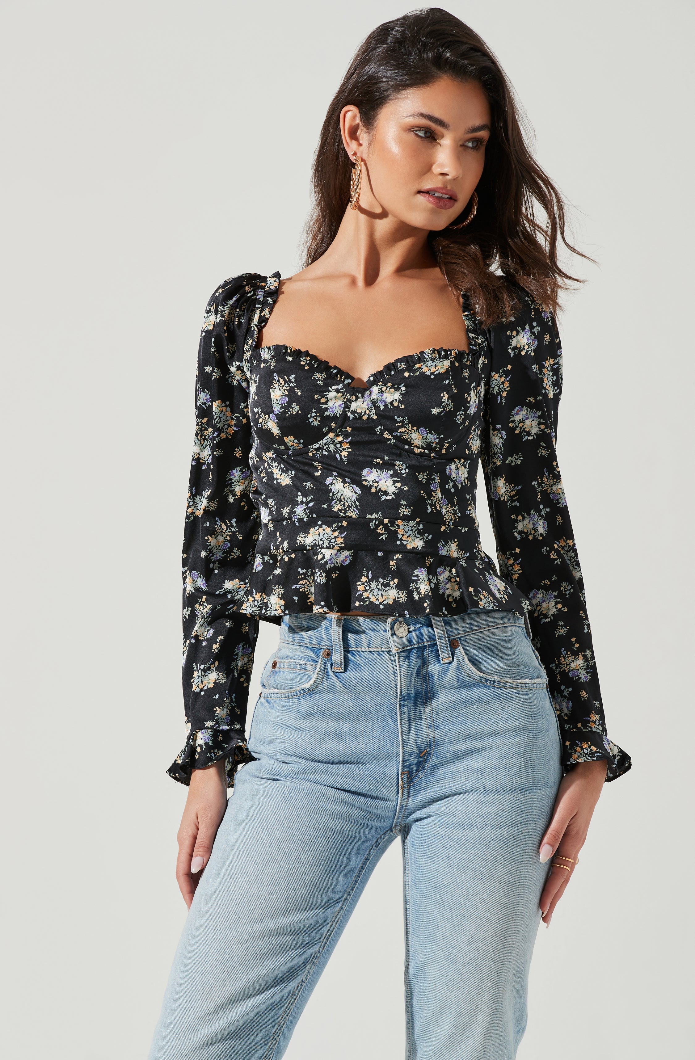Long Sleeve Sweetheart Cinch Bust Floral Top-Aljck
