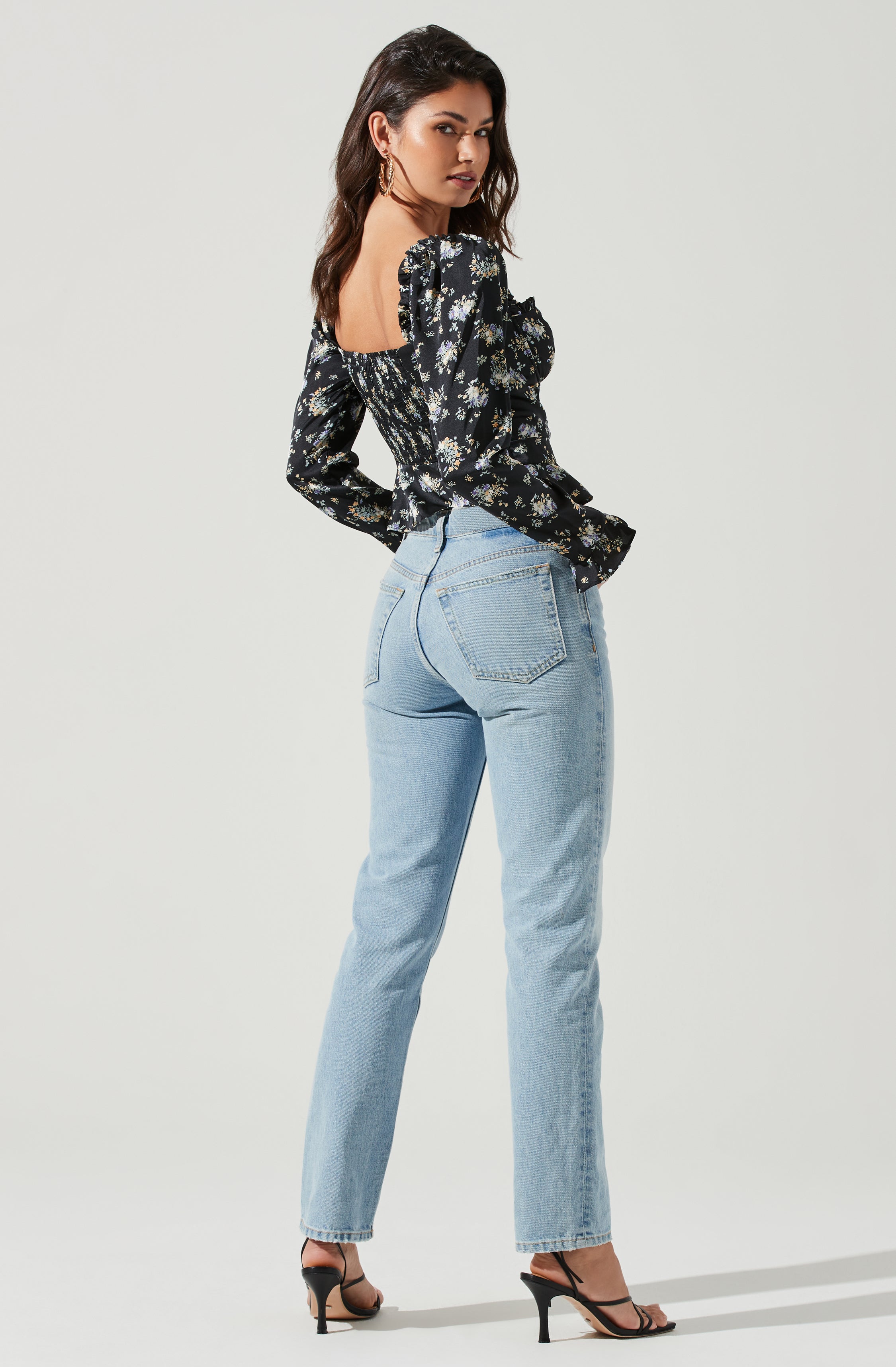 Long Sleeve Sweetheart Cinch Bust Floral Top-Aljck