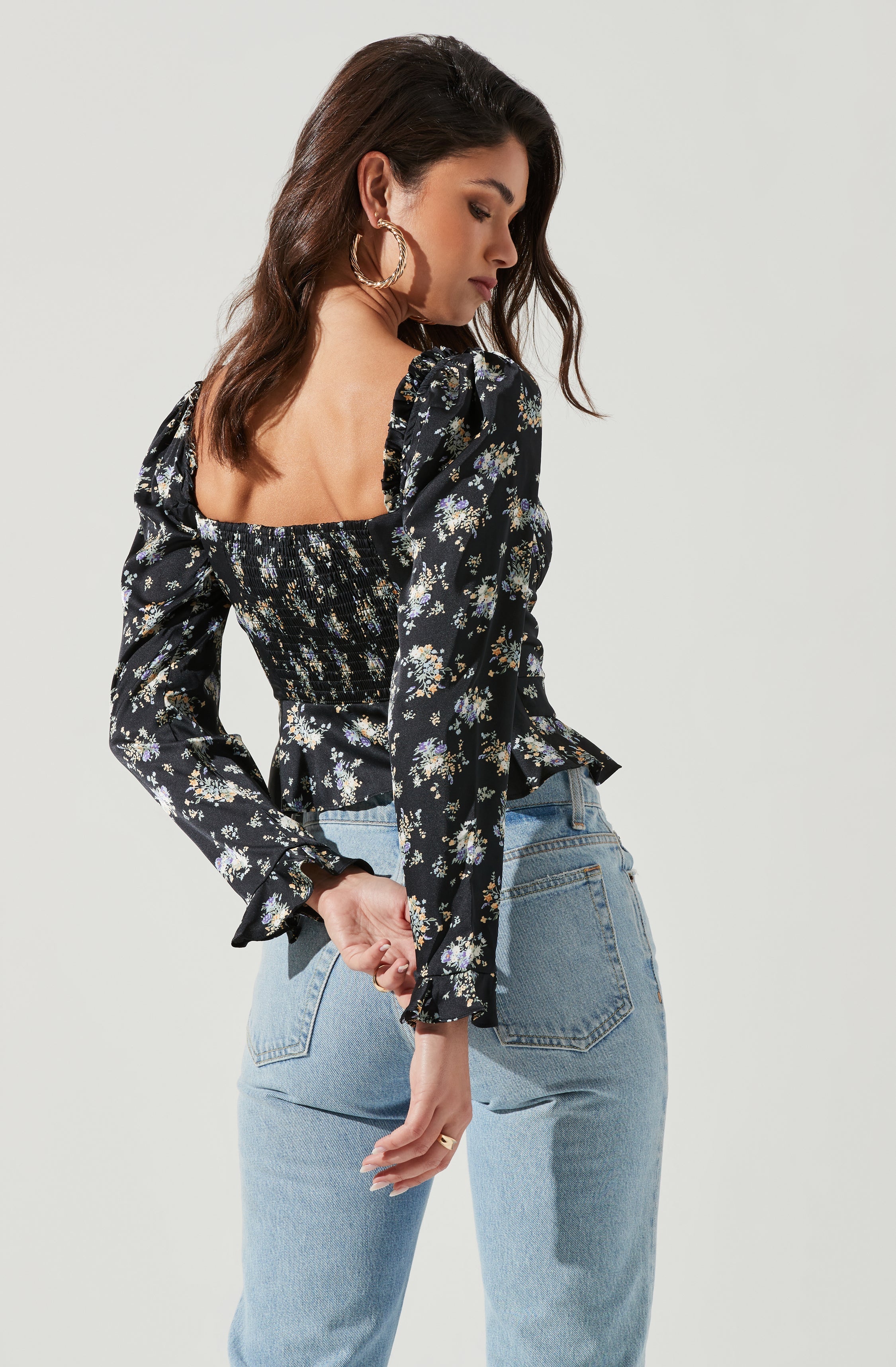 Long Sleeve Sweetheart Cinch Bust Floral Top-Aljck