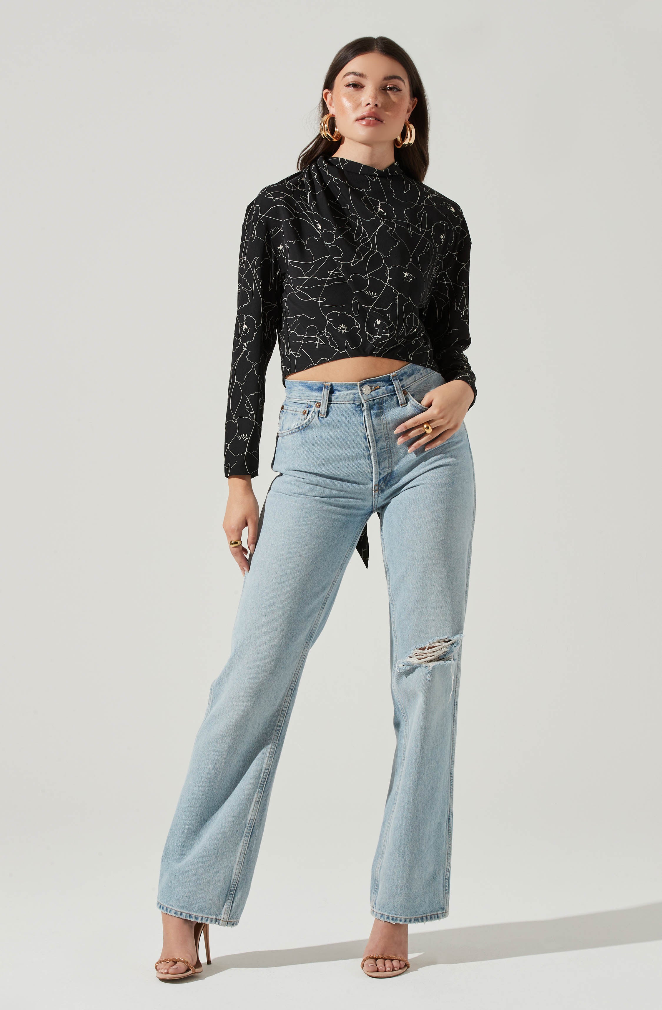 Long Sleeve Drape Tie Back Neck Back Top-Aljck