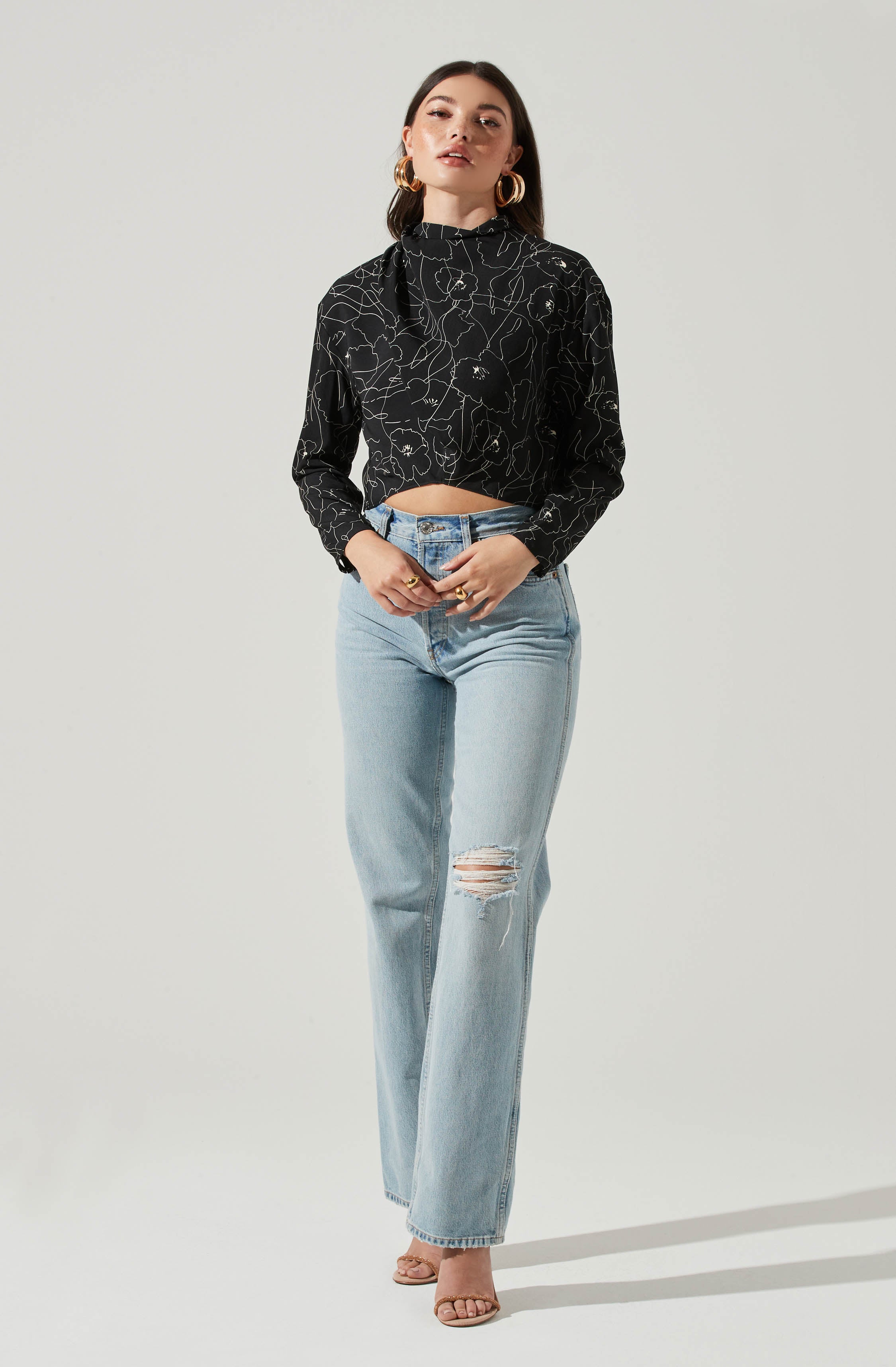 Long Sleeve Drape Tie Back Neck Back Top-Aljck