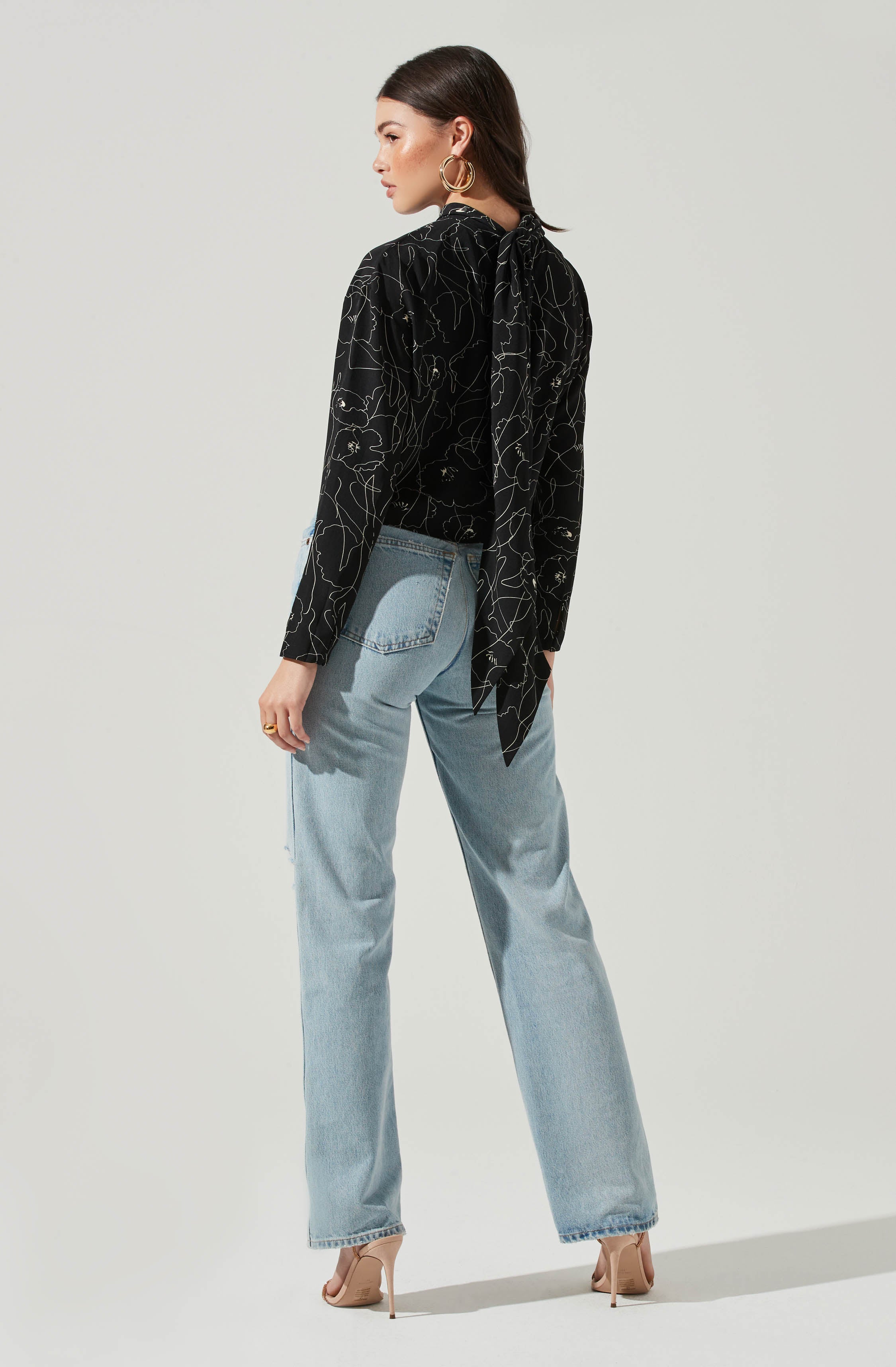 Long Sleeve Drape Tie Back Neck Back Top-Aljck