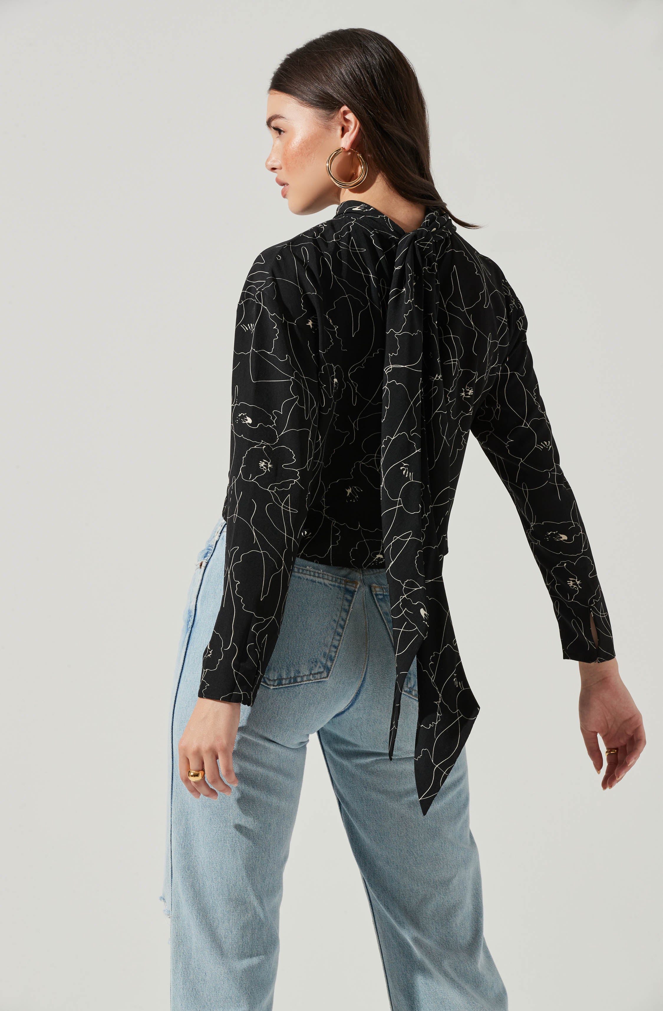 Long Sleeve Drape Tie Back Neck Back Top-Aljck