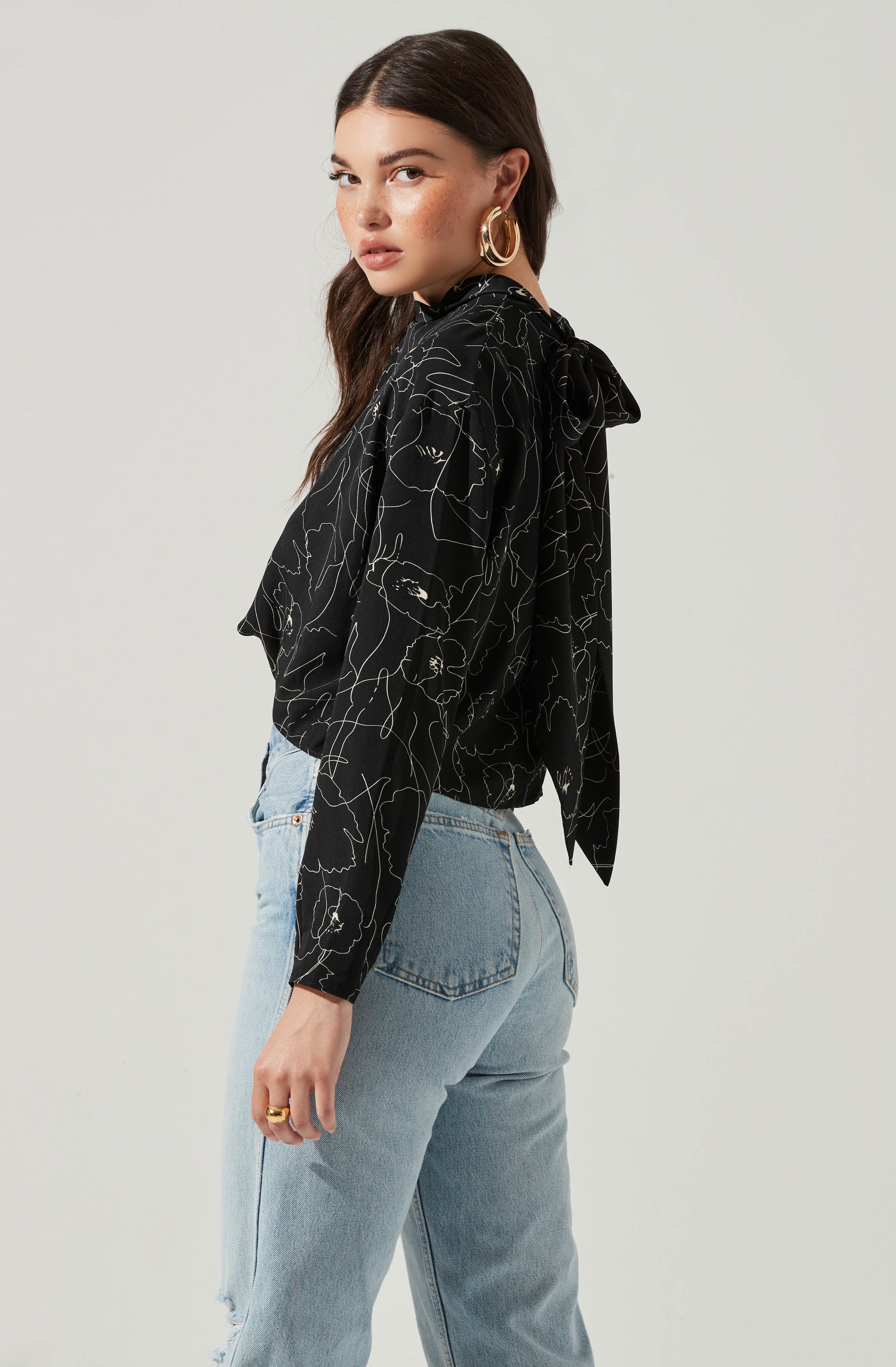 Long Sleeve Drape Tie Back Neck Back Top-Aljck