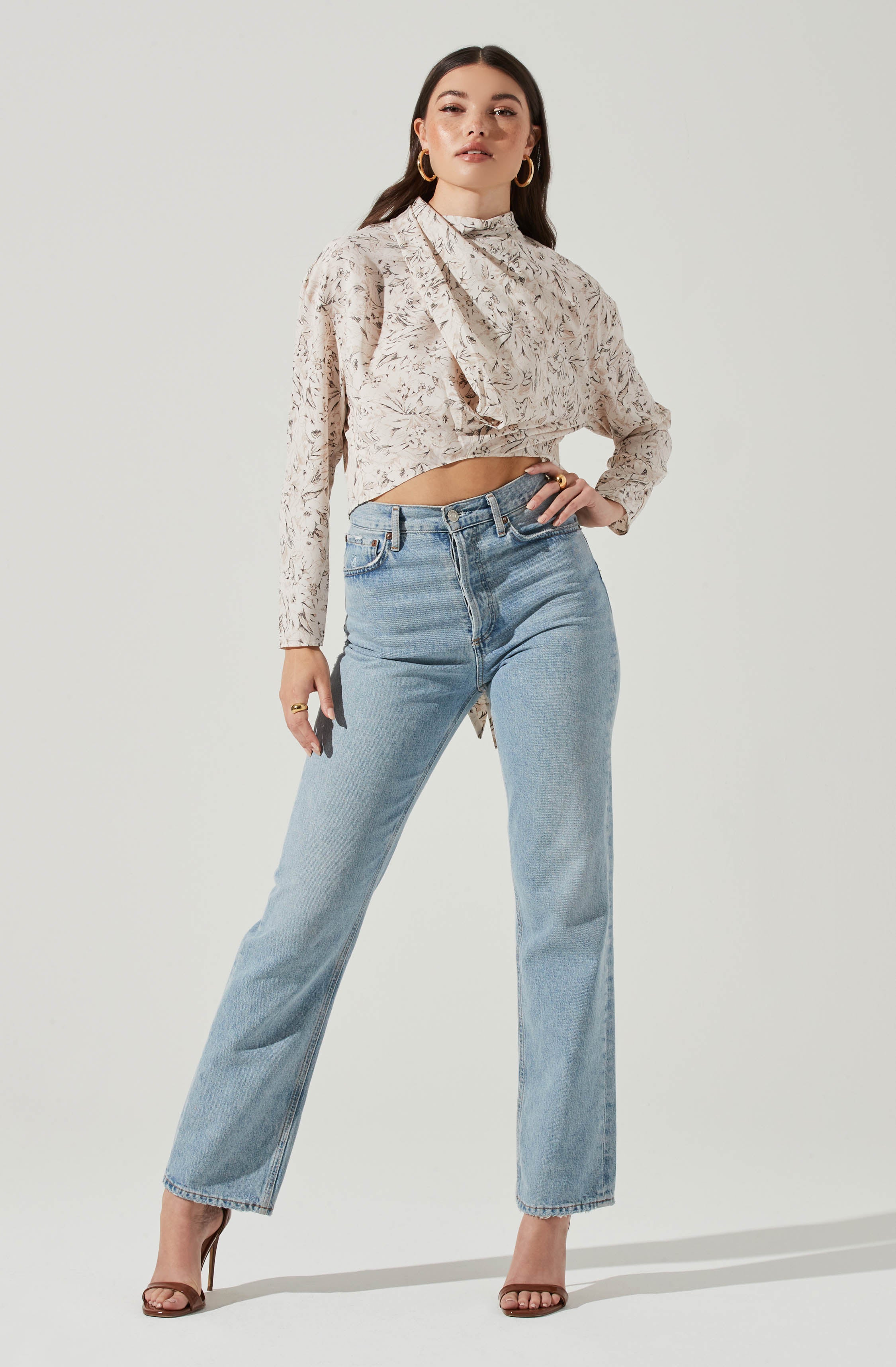 Long Sleeve Drape Tie Back Neck Back Top-Aljck