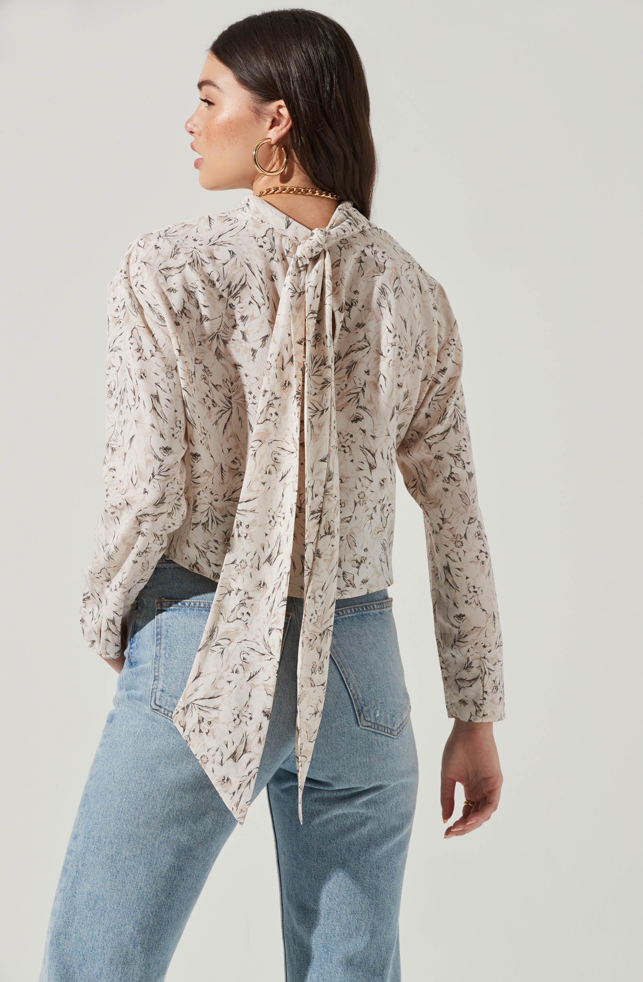 Long Sleeve Drape Tie Back Neck Back Top-Aljck