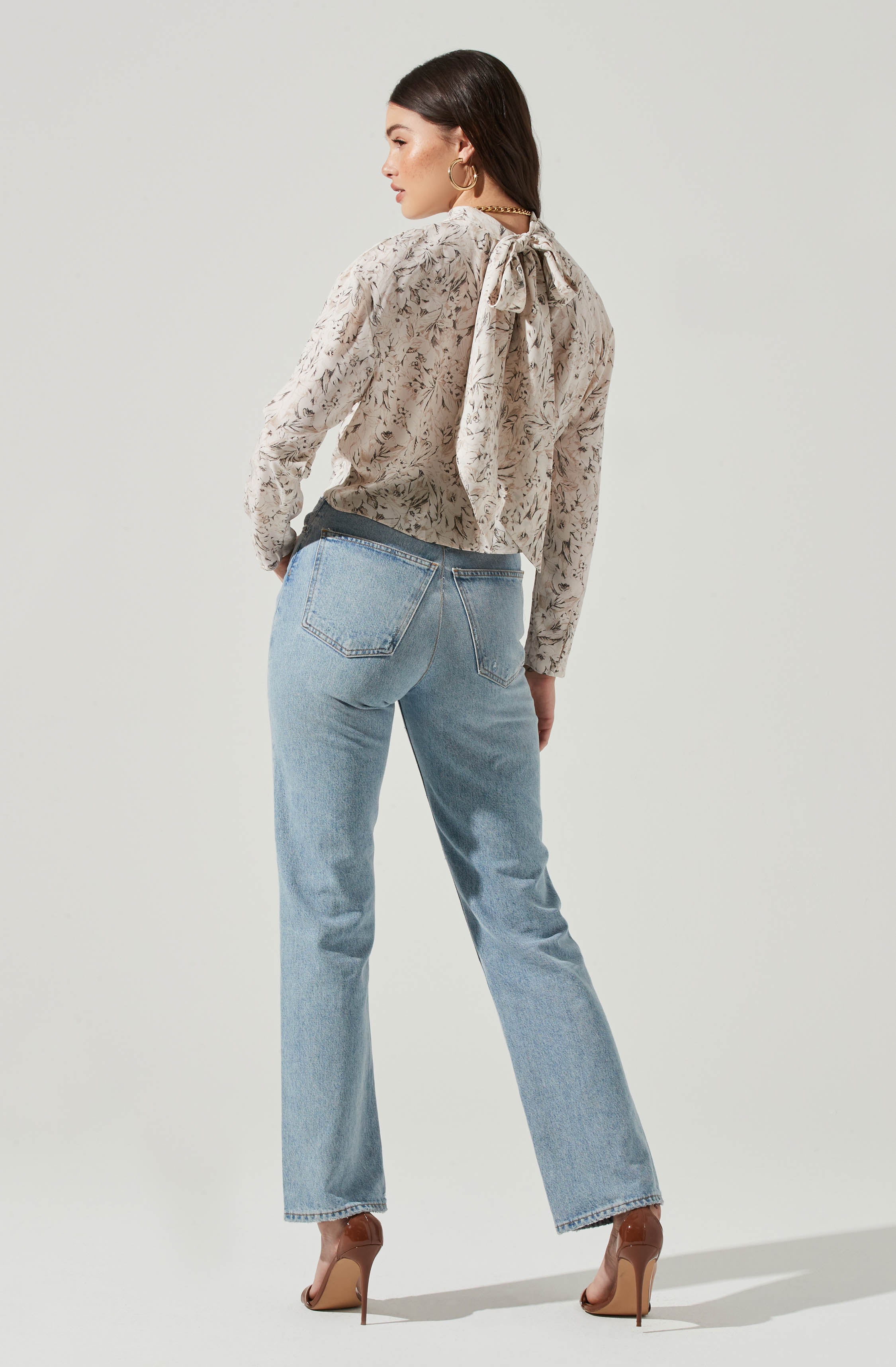 Long Sleeve Drape Tie Back Neck Back Top-Aljck