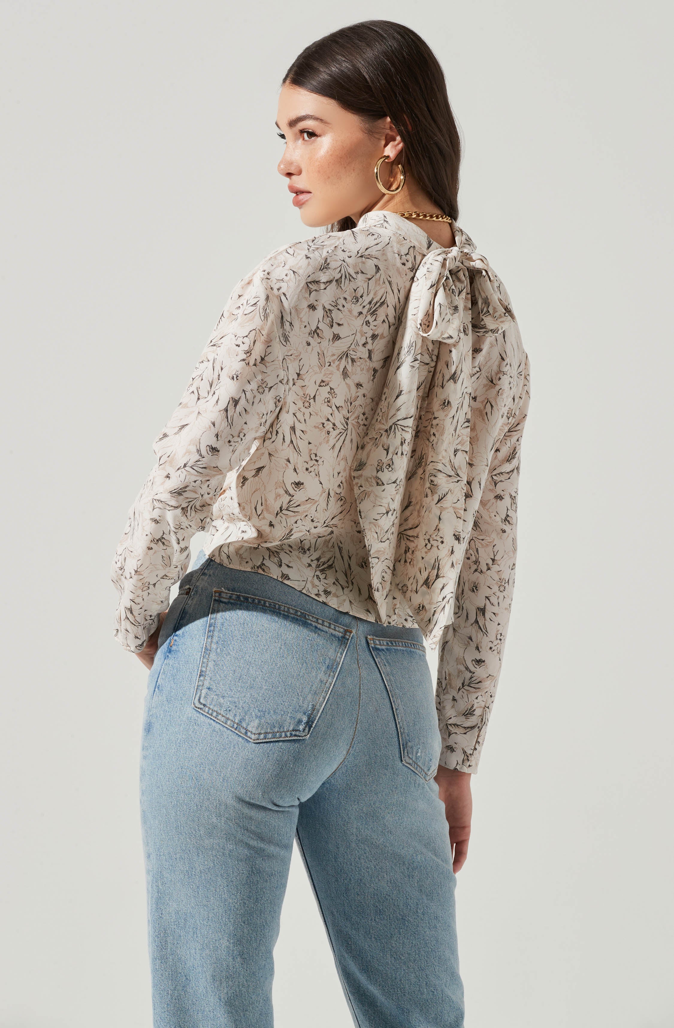 Long Sleeve Drape Tie Back Neck Back Top-Aljck