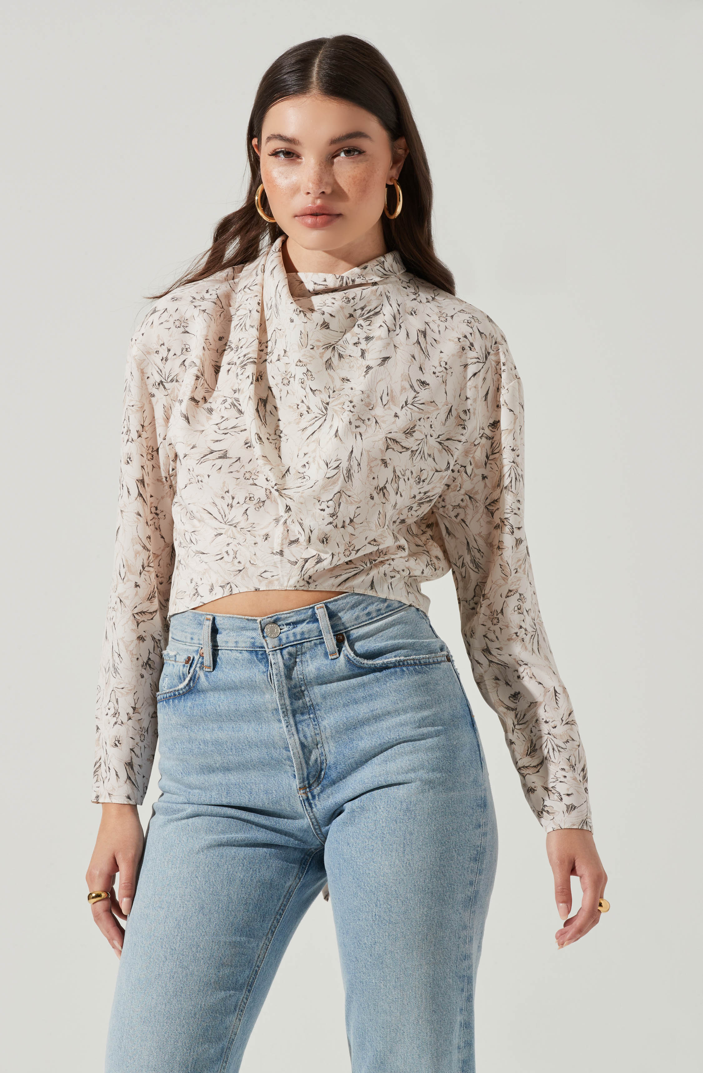 Long Sleeve Drape Tie Back Neck Back Top-Aljck