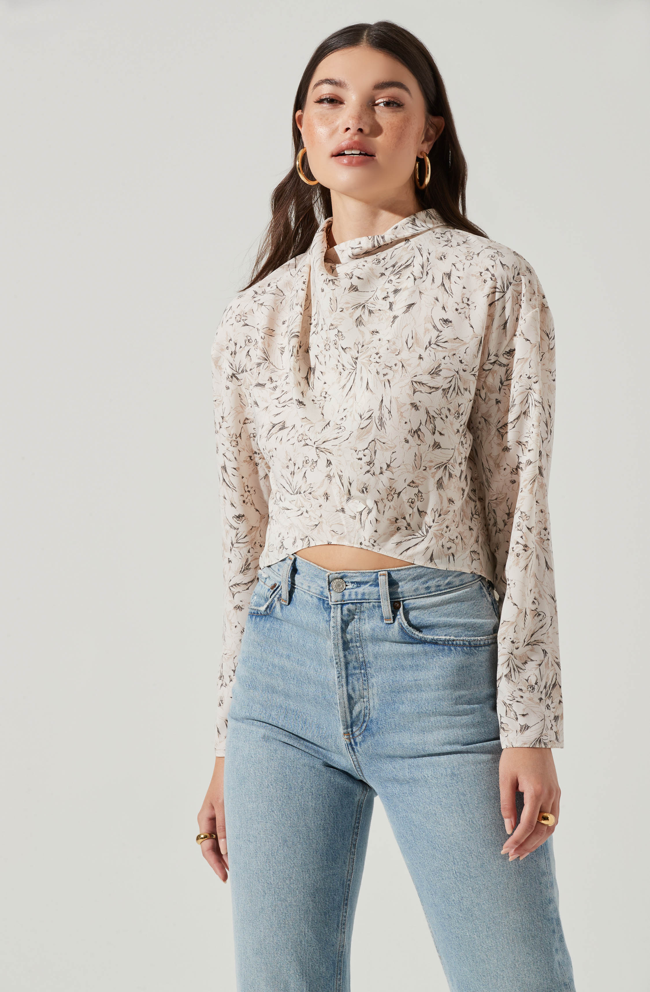 Long Sleeve Drape Tie Back Neck Back Top-Aljck