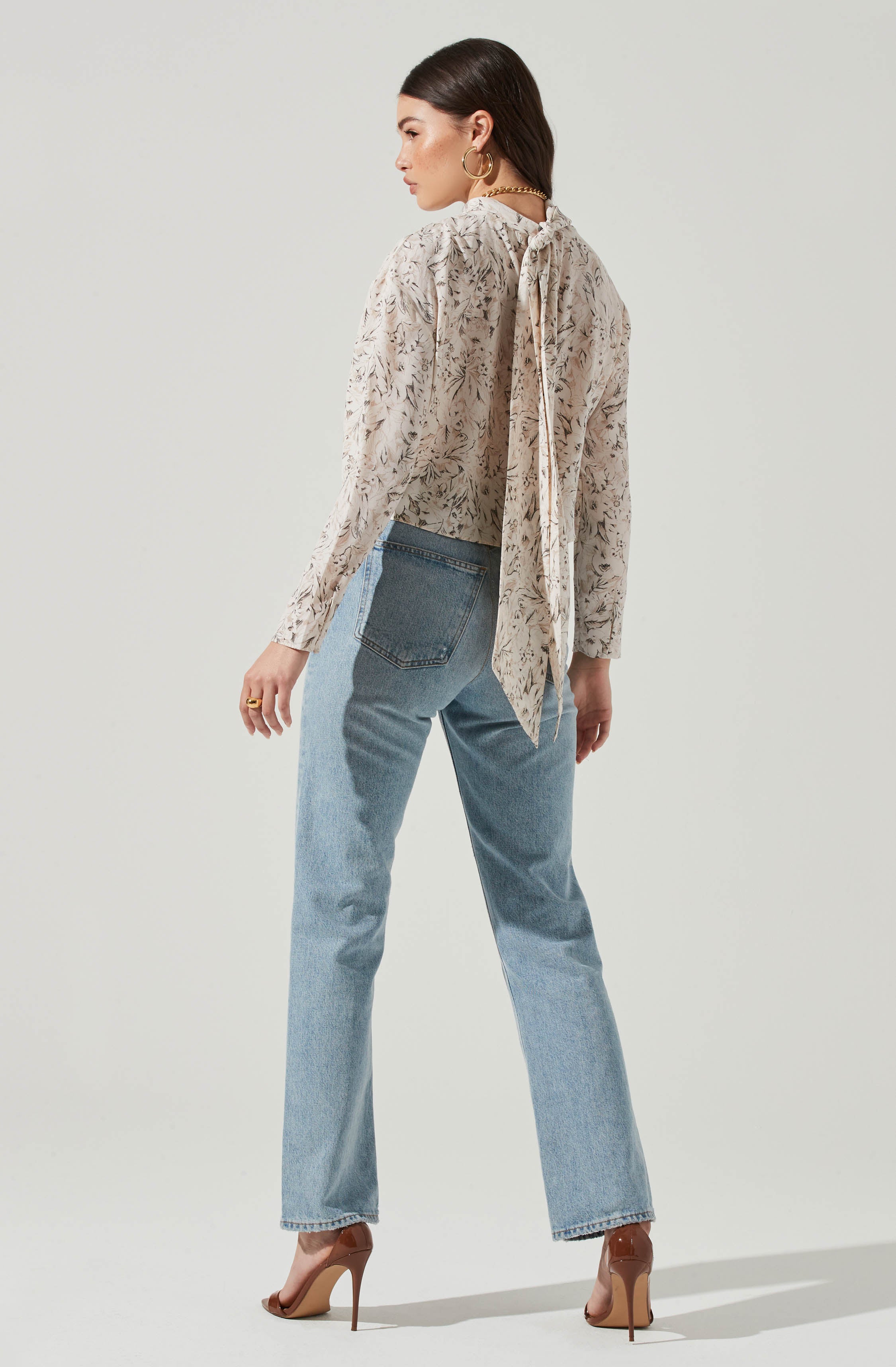 Long Sleeve Drape Tie Back Neck Back Top-Aljck