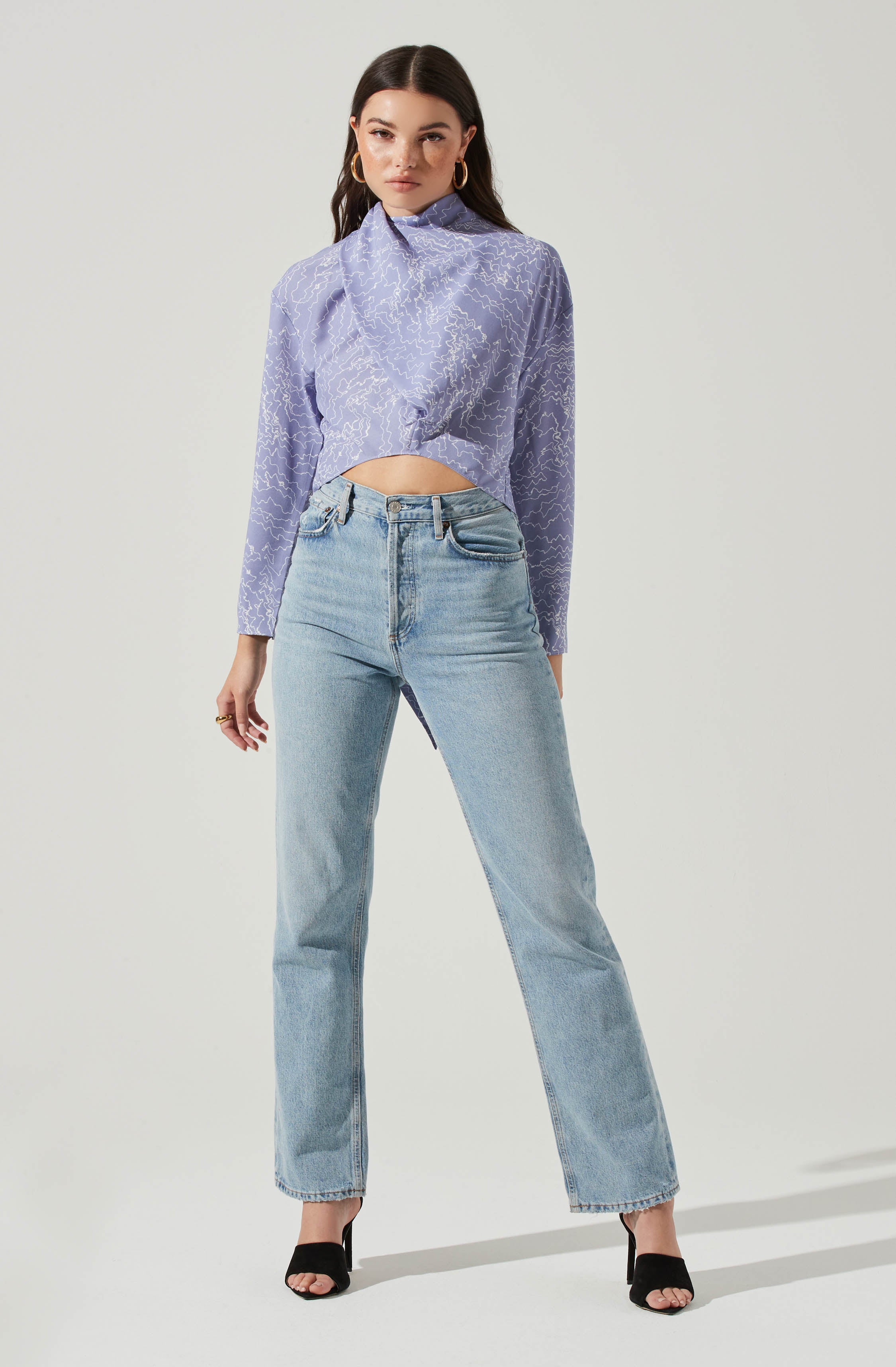 Long Sleeve Drape Tie Back Neck Back Top-Aljck