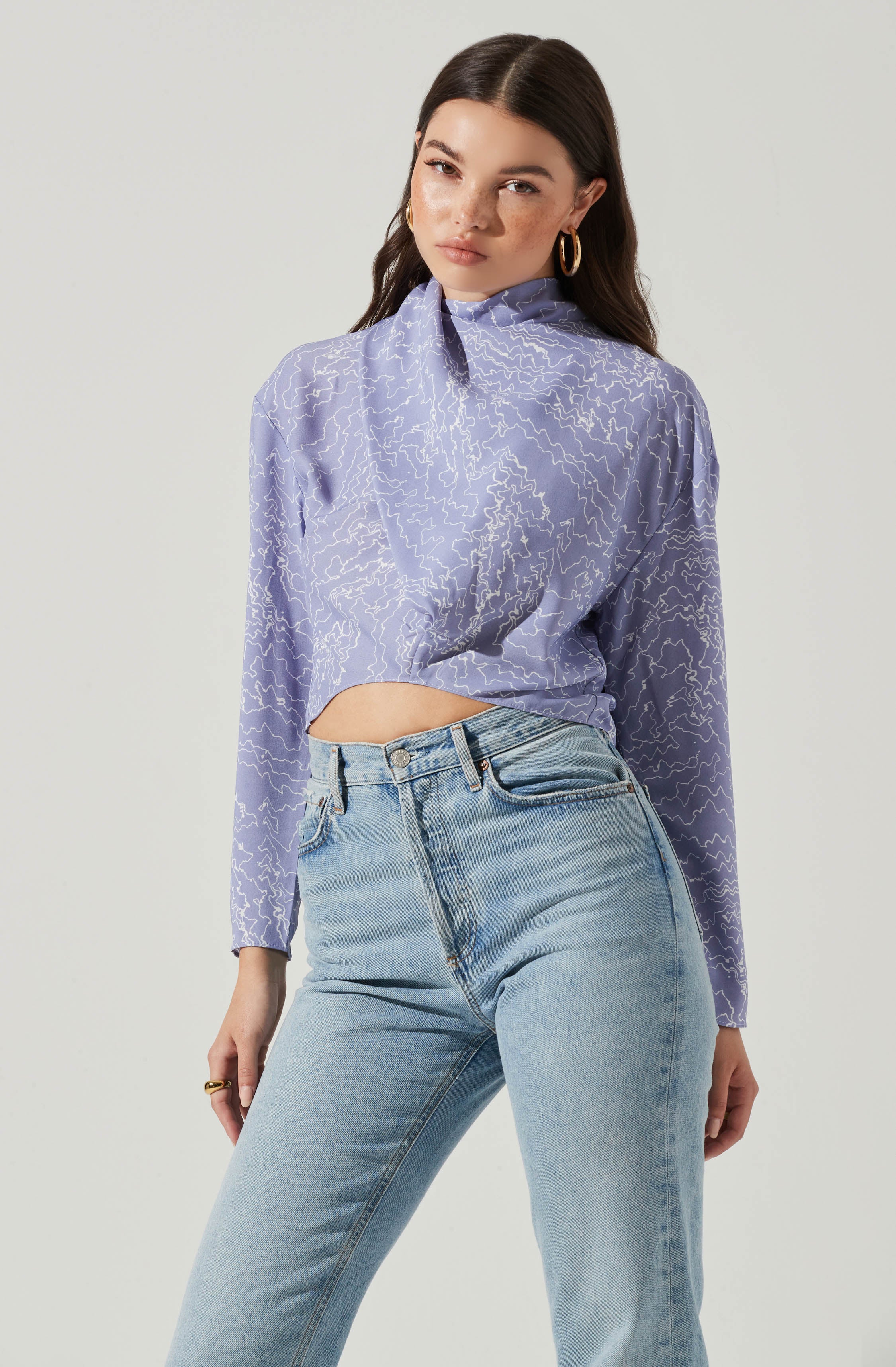 Long Sleeve Drape Tie Back Neck Back Top-Aljck