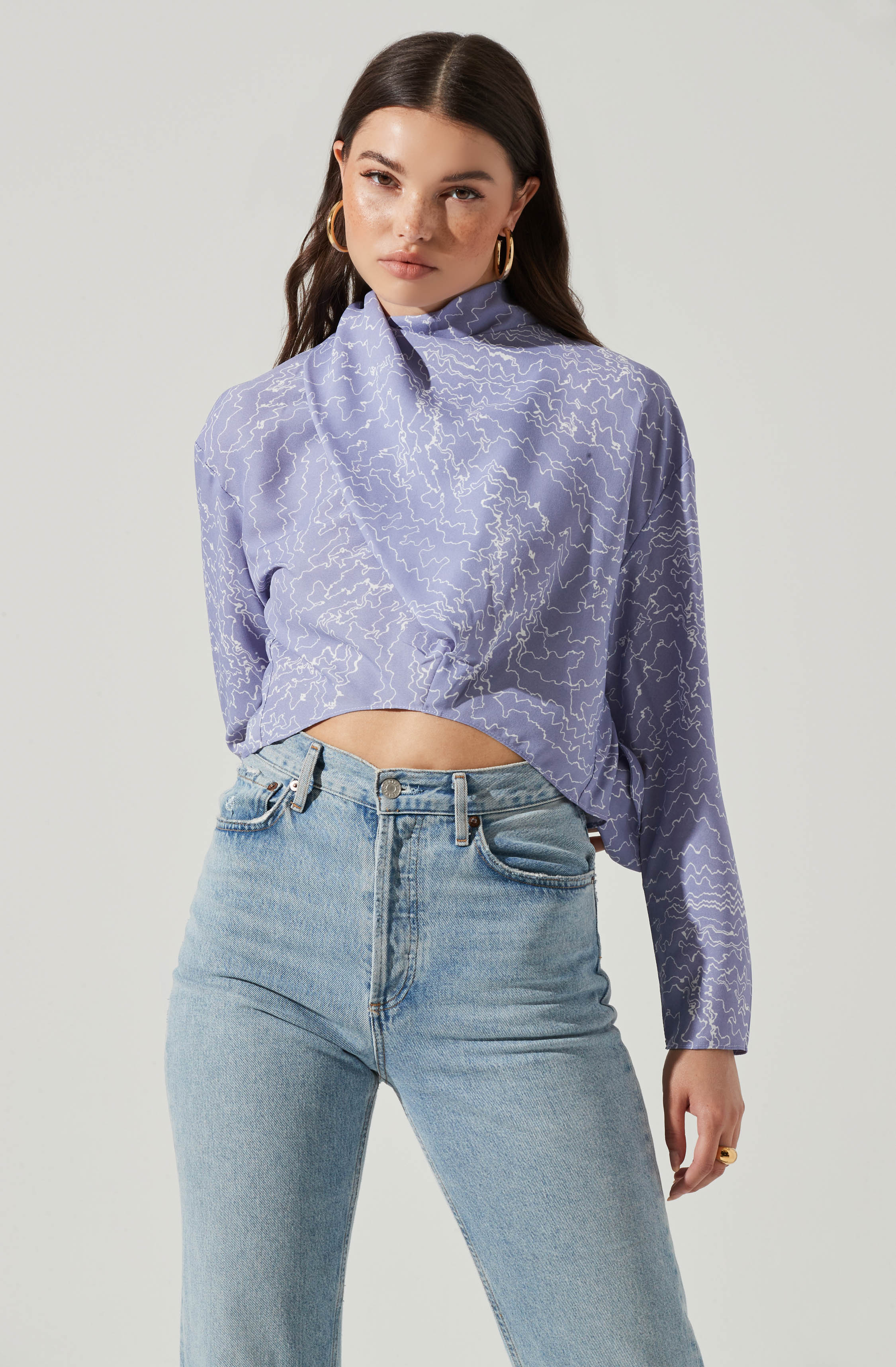 Long Sleeve Drape Tie Back Neck Back Top-Aljck