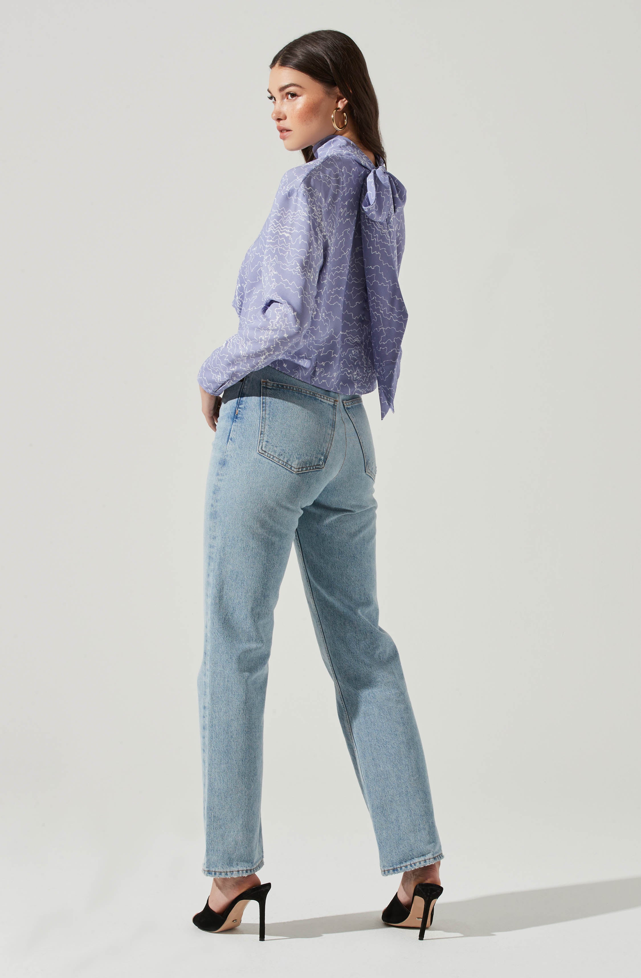 Long Sleeve Drape Tie Back Neck Back Top-Aljck