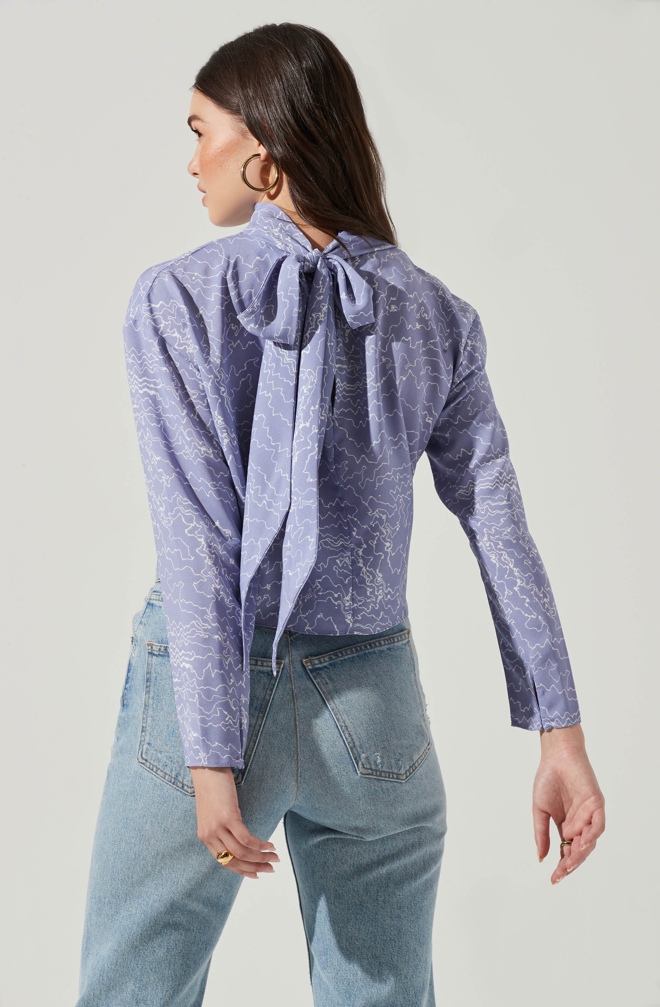 Long Sleeve Drape Tie Back Neck Back Top-Aljck