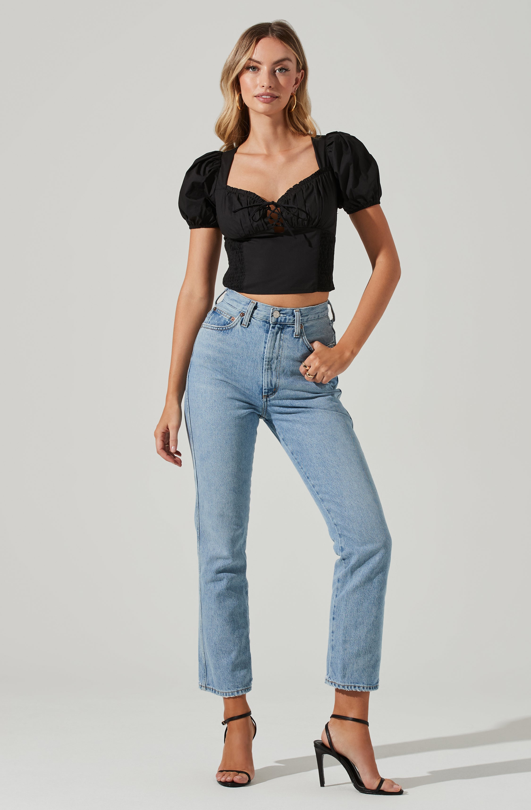 Poplin Lace Up Puff Sleeve Top-Aljck