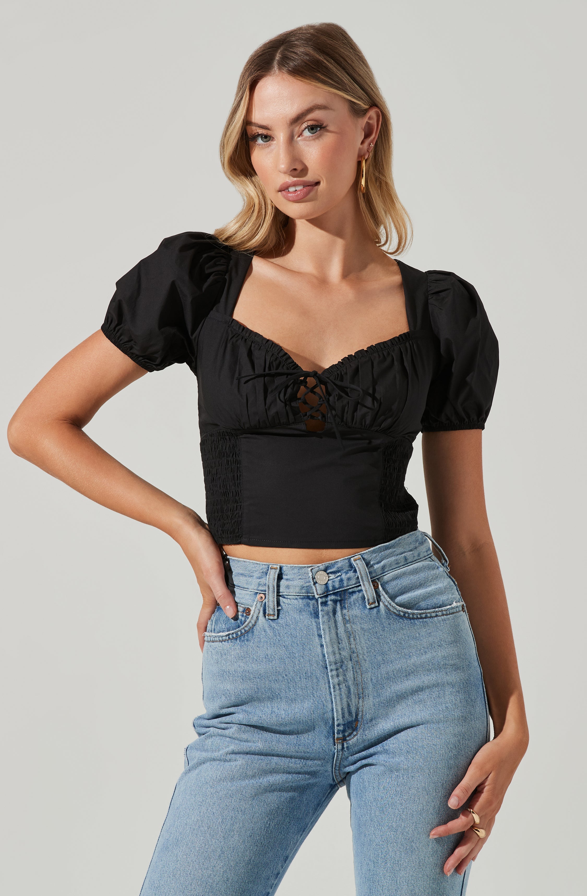 Poplin Lace Up Puff Sleeve Top-Aljck