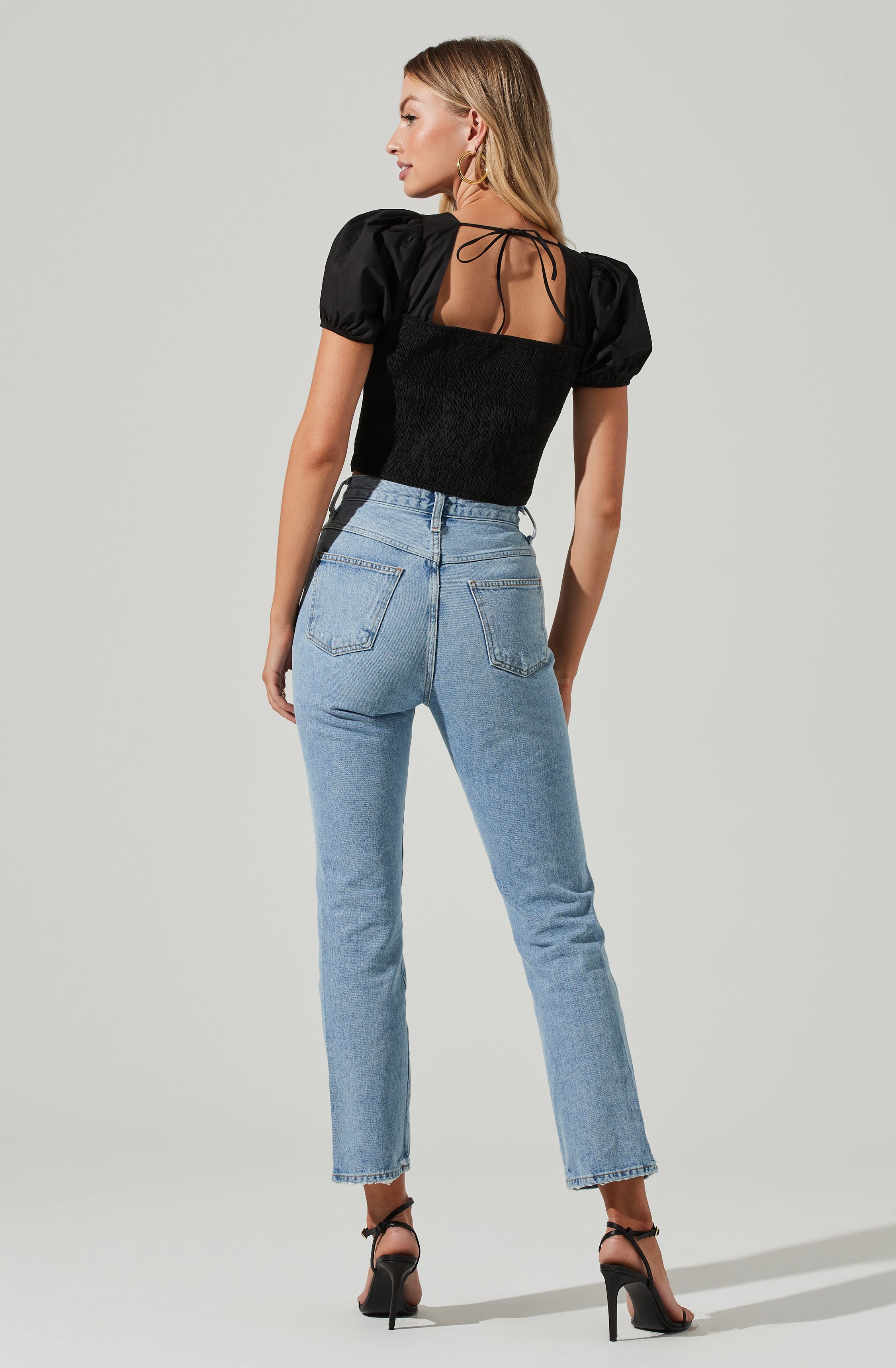 Poplin Lace Up Puff Sleeve Top-Aljck