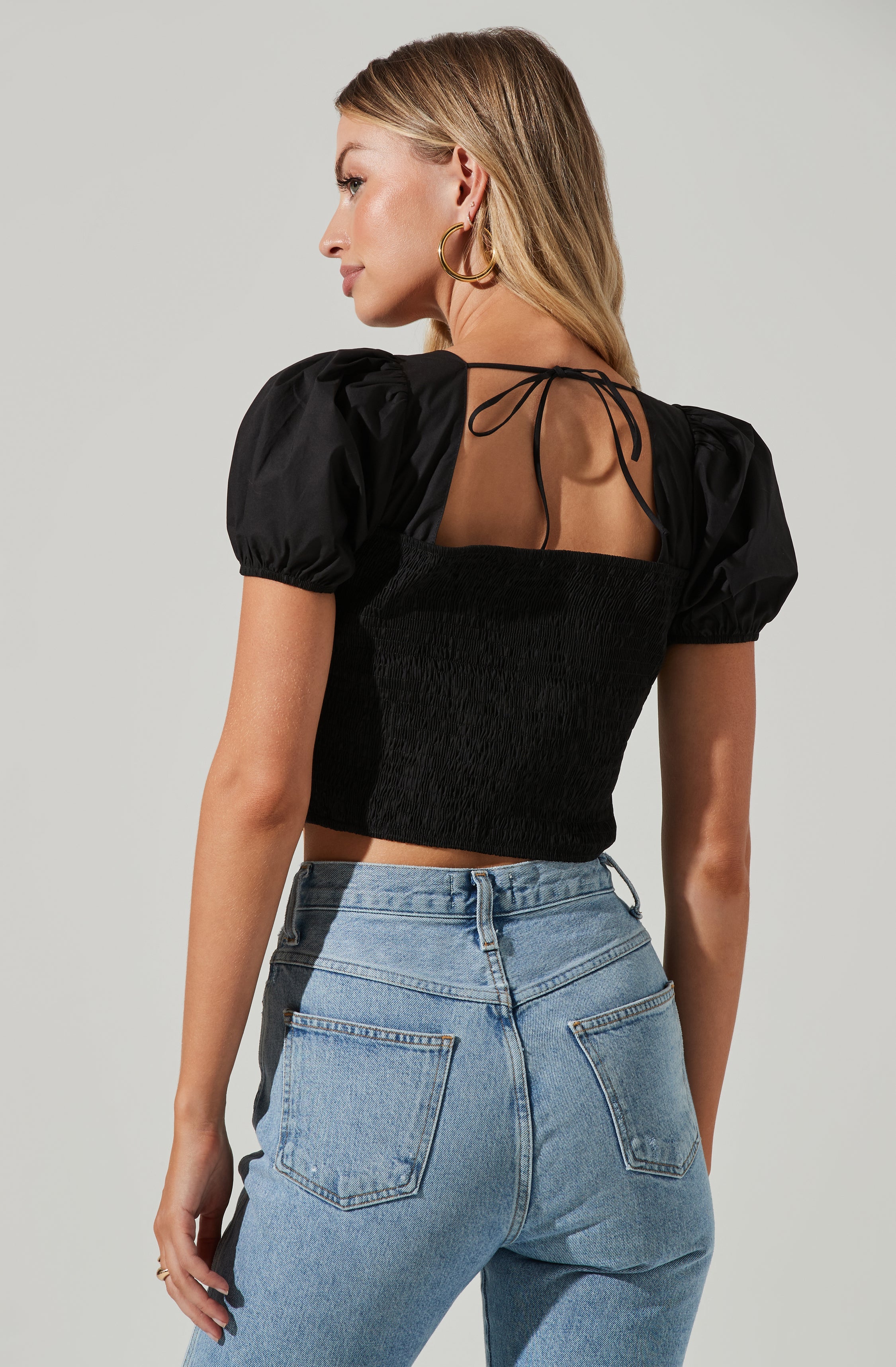 Poplin Lace Up Puff Sleeve Top-Aljck
