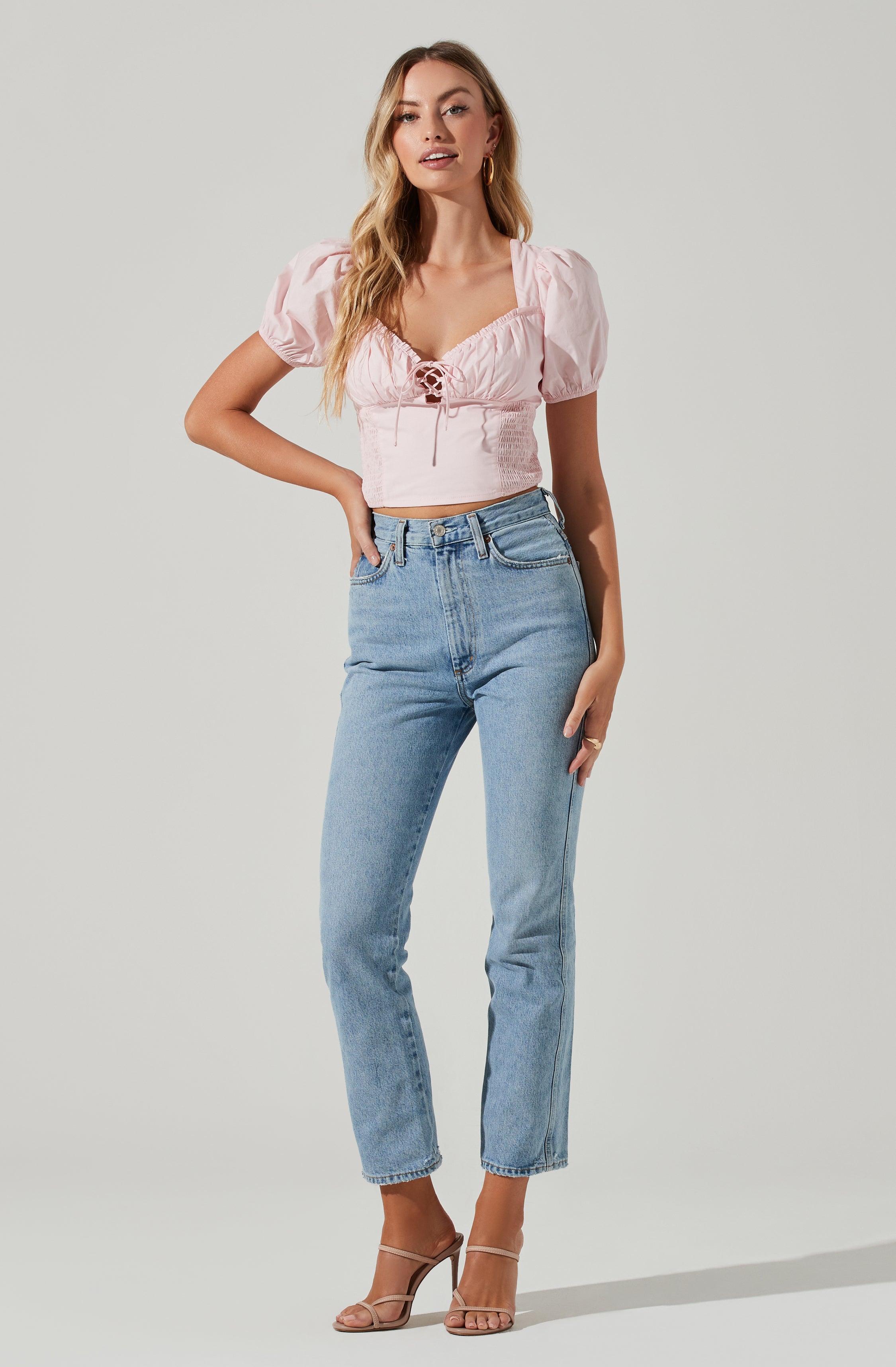 Poplin Lace Up Puff Sleeve Top-Aljck