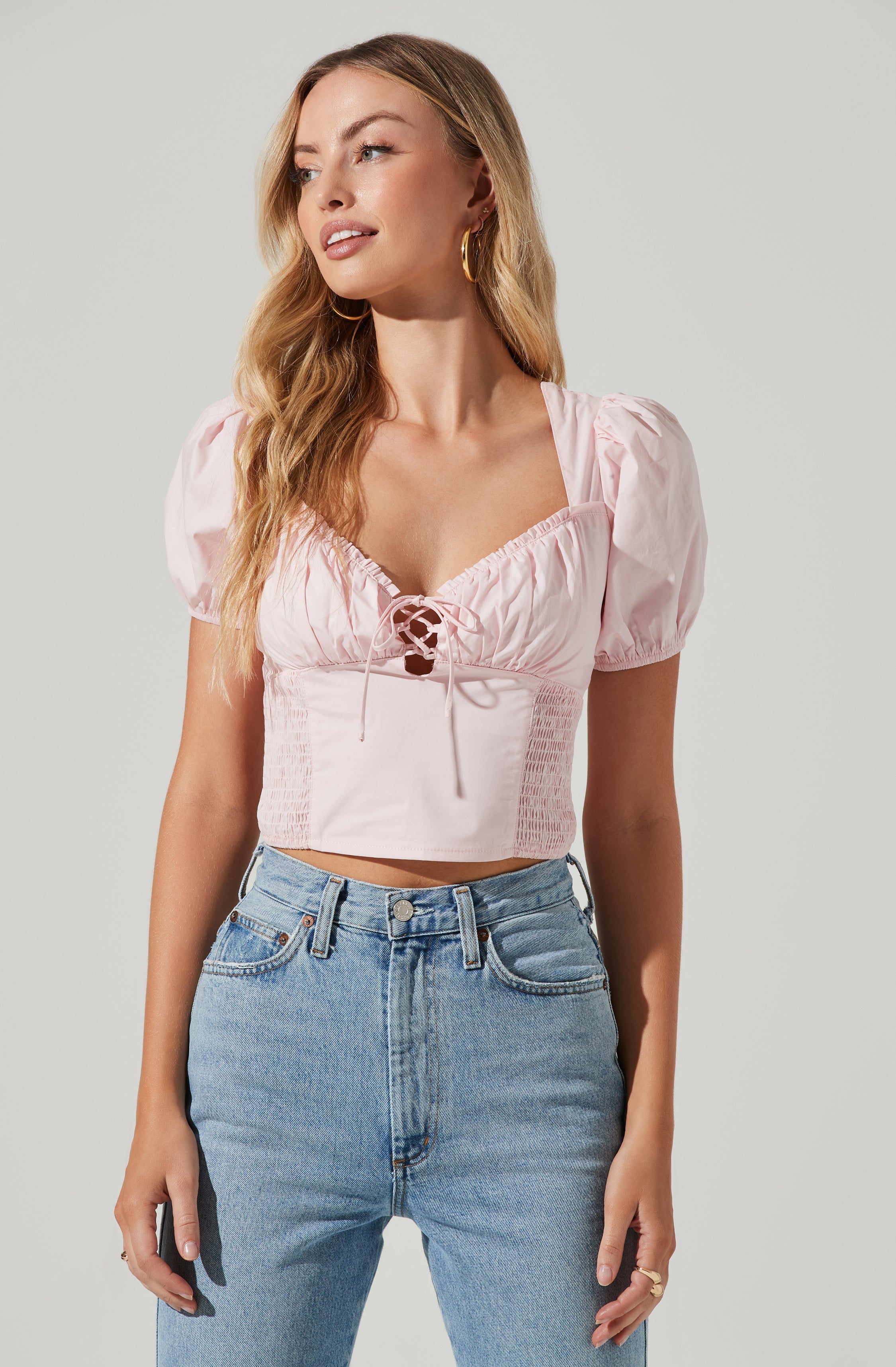 Poplin Lace Up Puff Sleeve Top-Aljck
