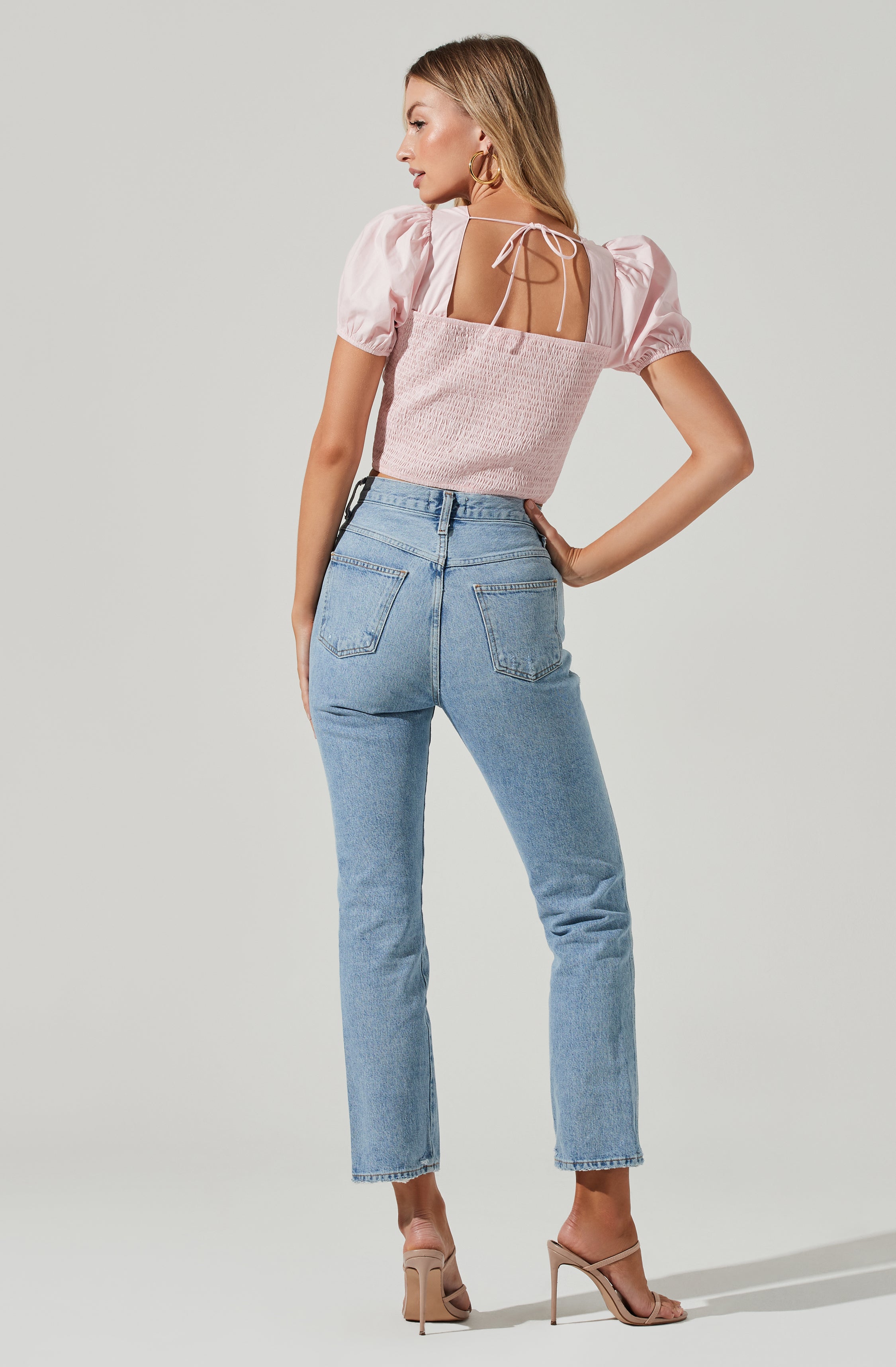 Poplin Lace Up Puff Sleeve Top-Aljck