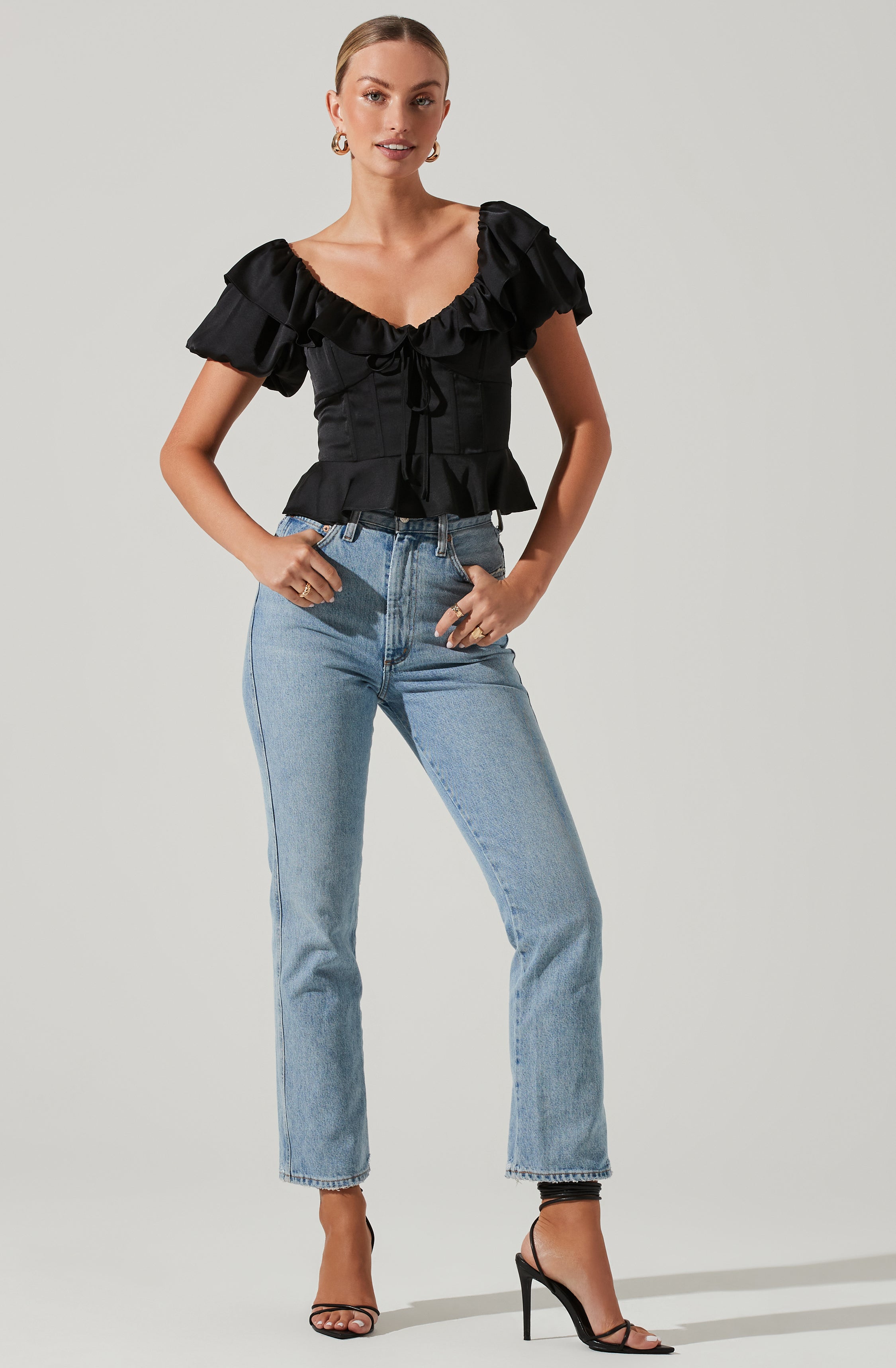 Satin Bubble Sleeve Top-Aljck