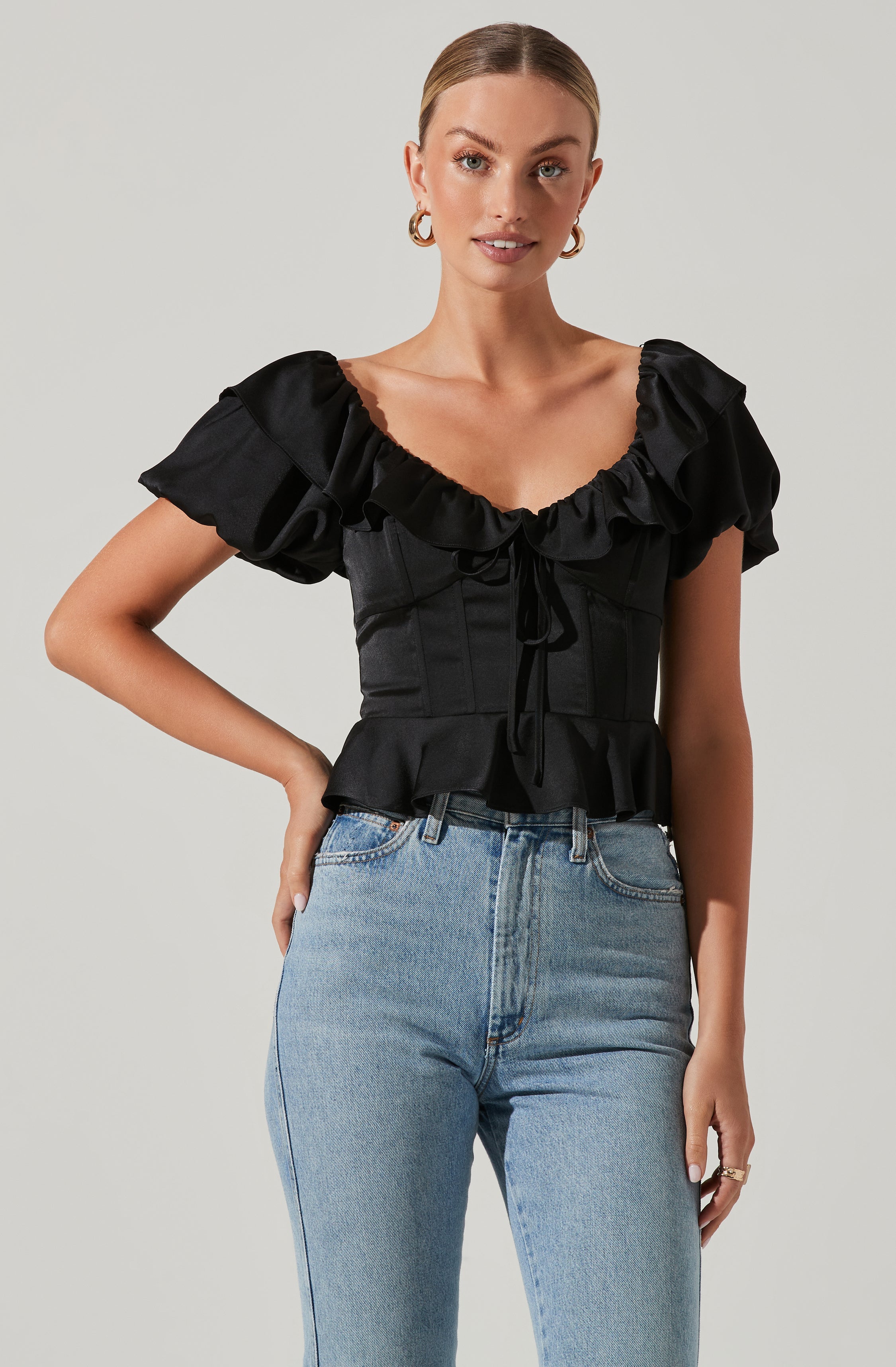 Satin Bubble Sleeve Top-Aljck