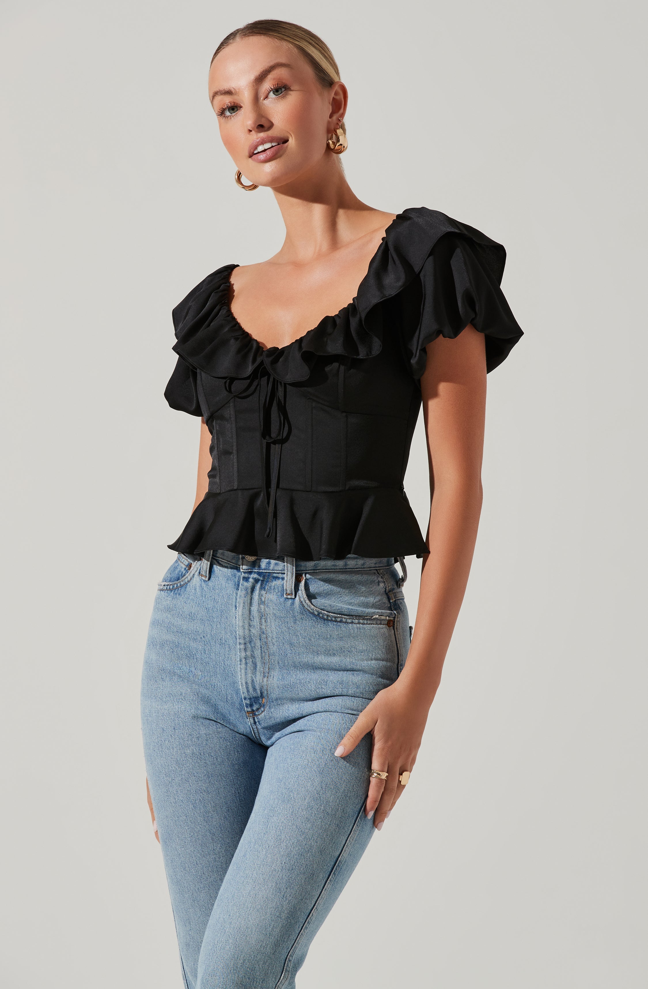 Satin Bubble Sleeve Top-Aljck