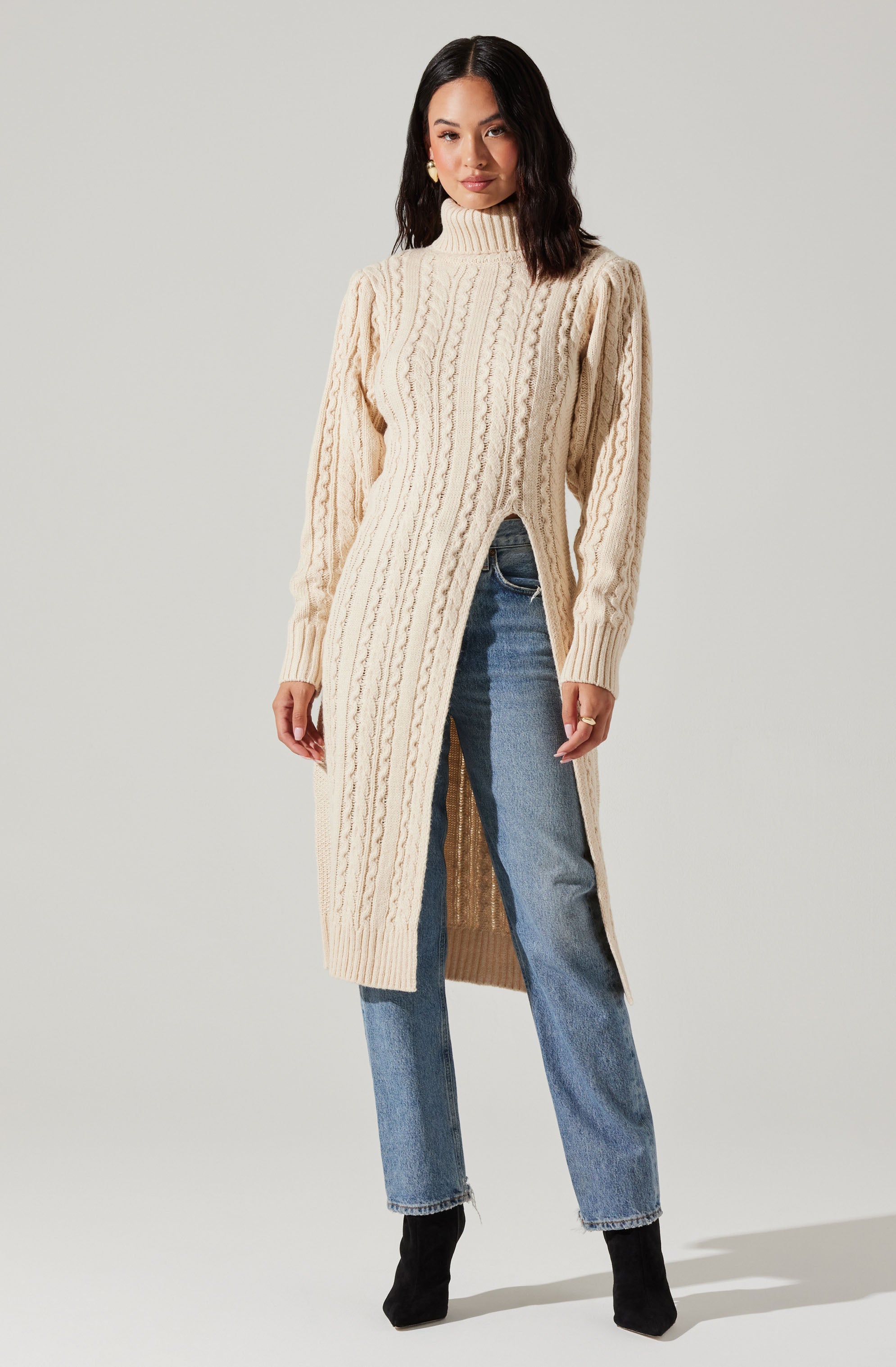 Hi Slit Cable Knit Sweater-Aljck