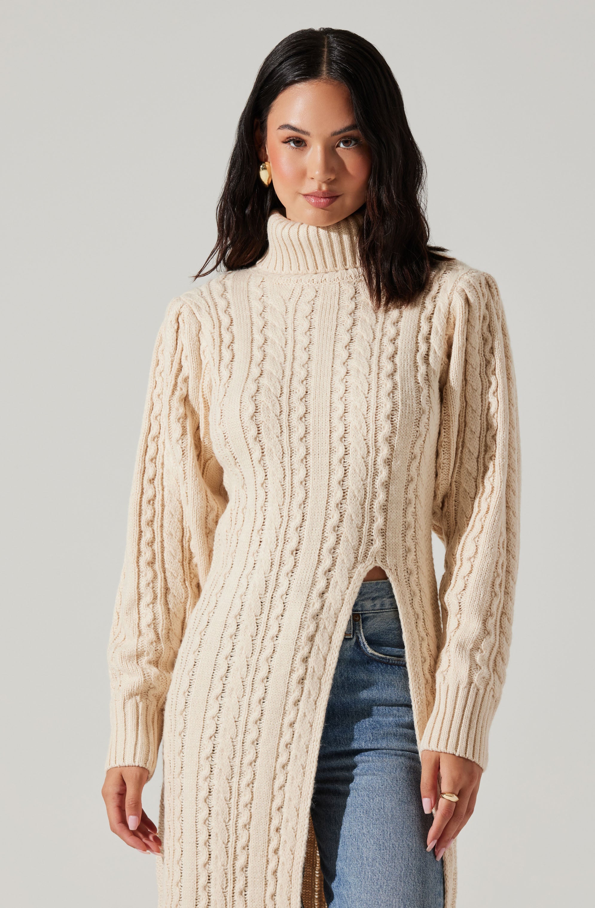 Hi Slit Cable Knit Sweater-Aljck