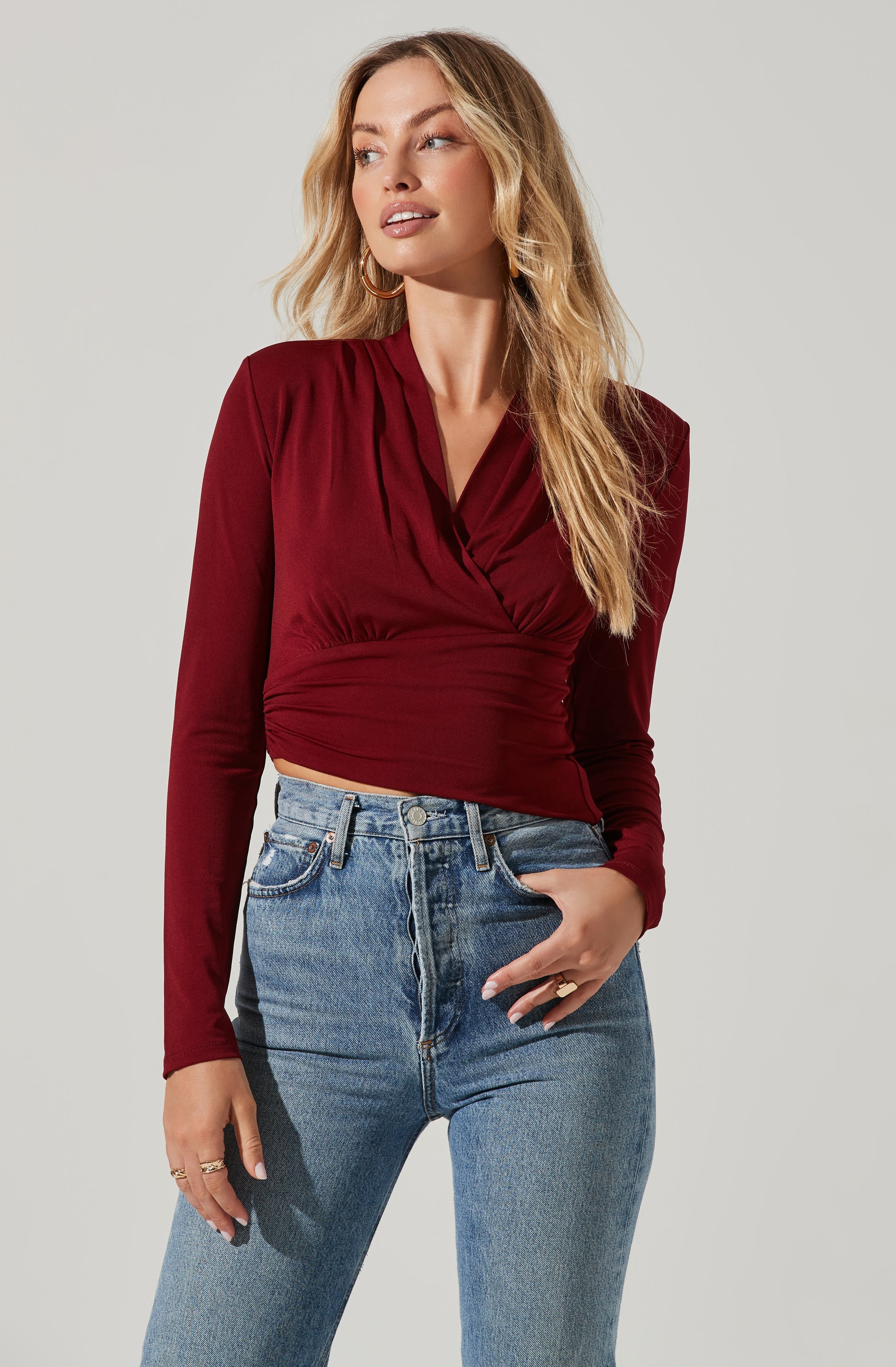 Shawl Collar Wrapped Long Sleeve Top-Aljck