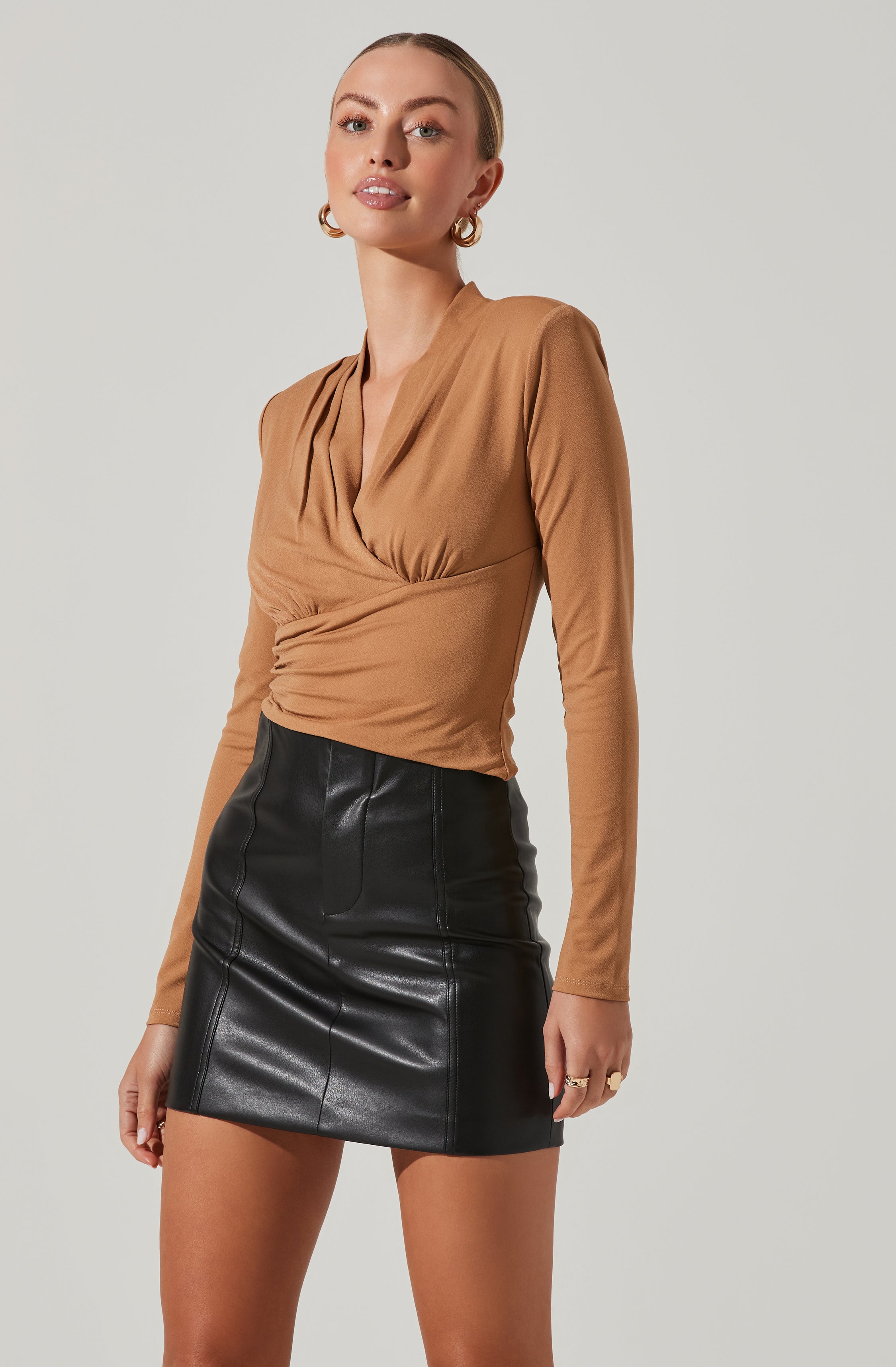 Shawl Collar Wrapped Long Sleeve Top-Aljck