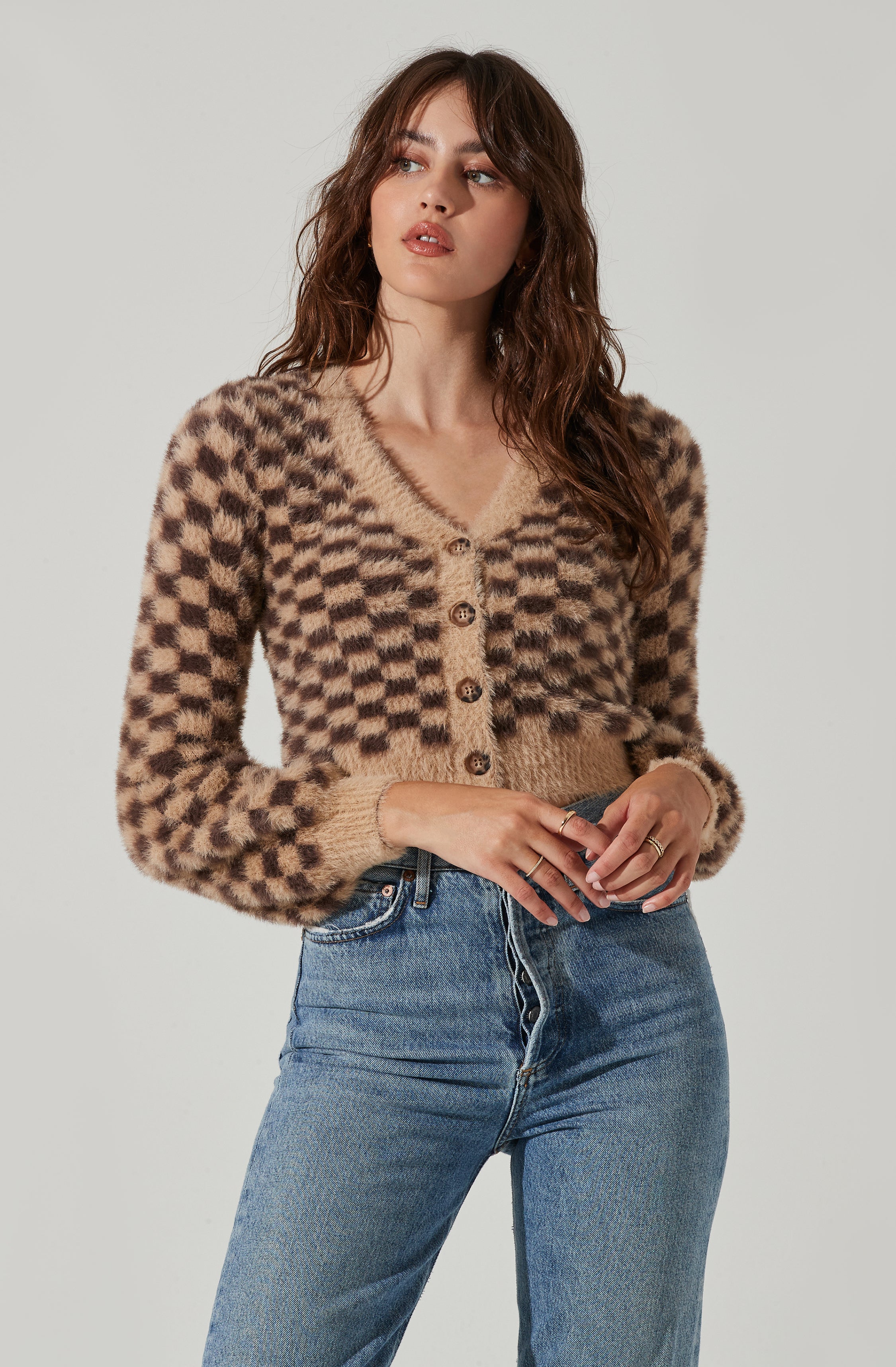 Check Fuzzy Knit Cropped Cardigan-Aljck