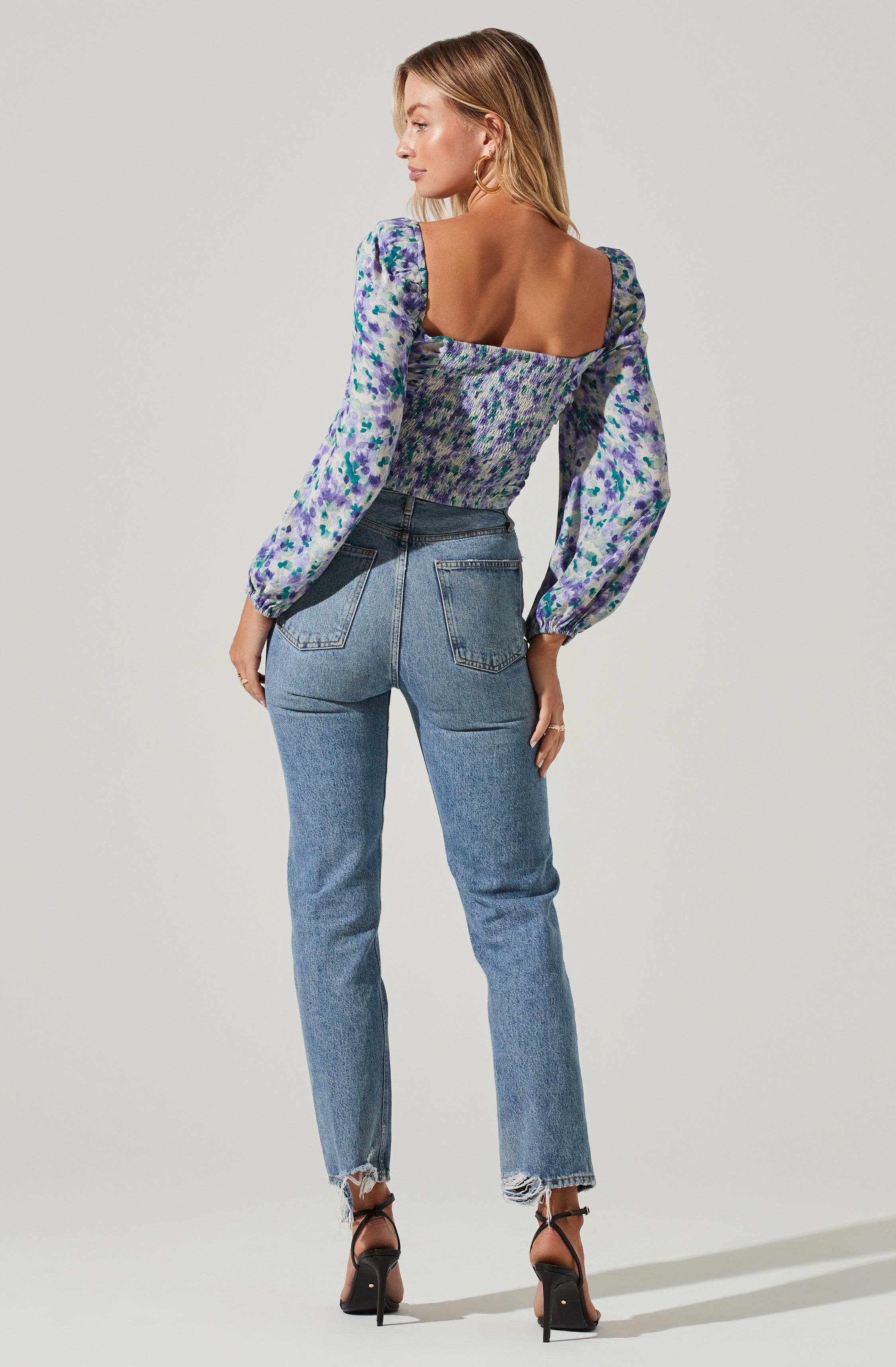 Floral V Wire Printed Long Sleeve Top-Aljck