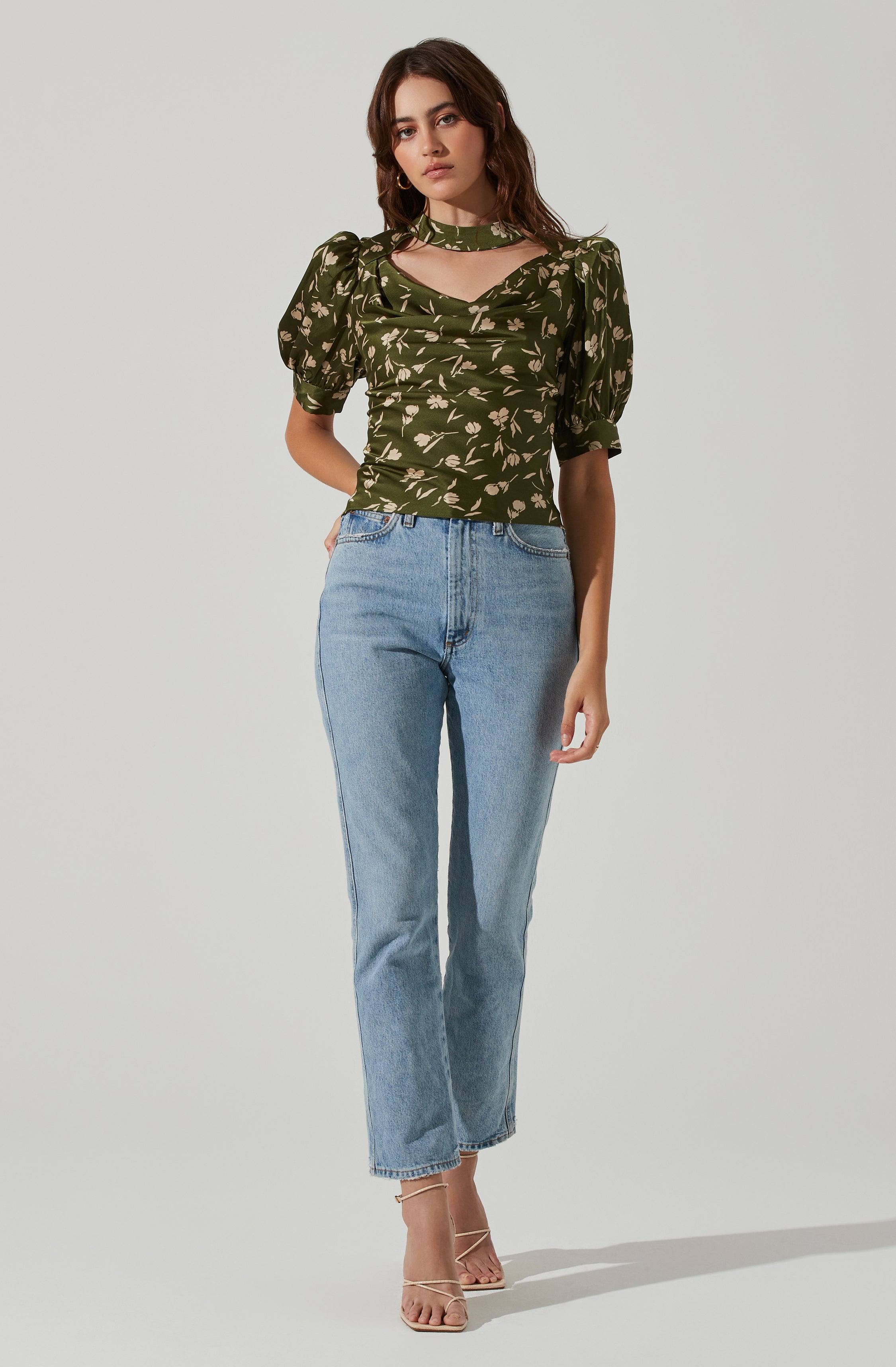 Floral Mock Neck Cowl Drape Top-Aljck