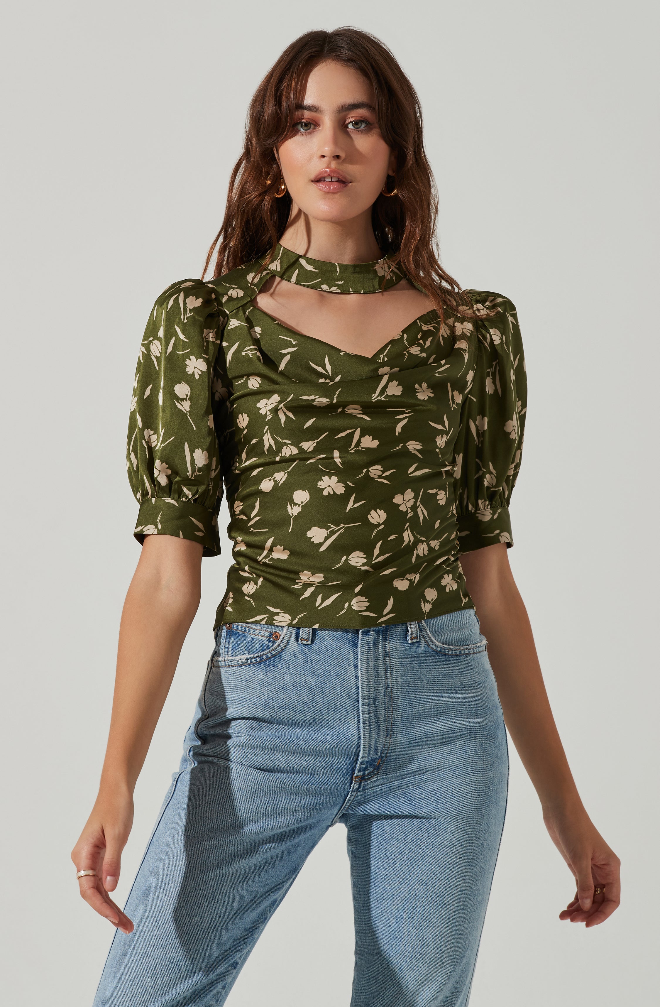 Floral Mock Neck Cowl Drape Top-Aljck