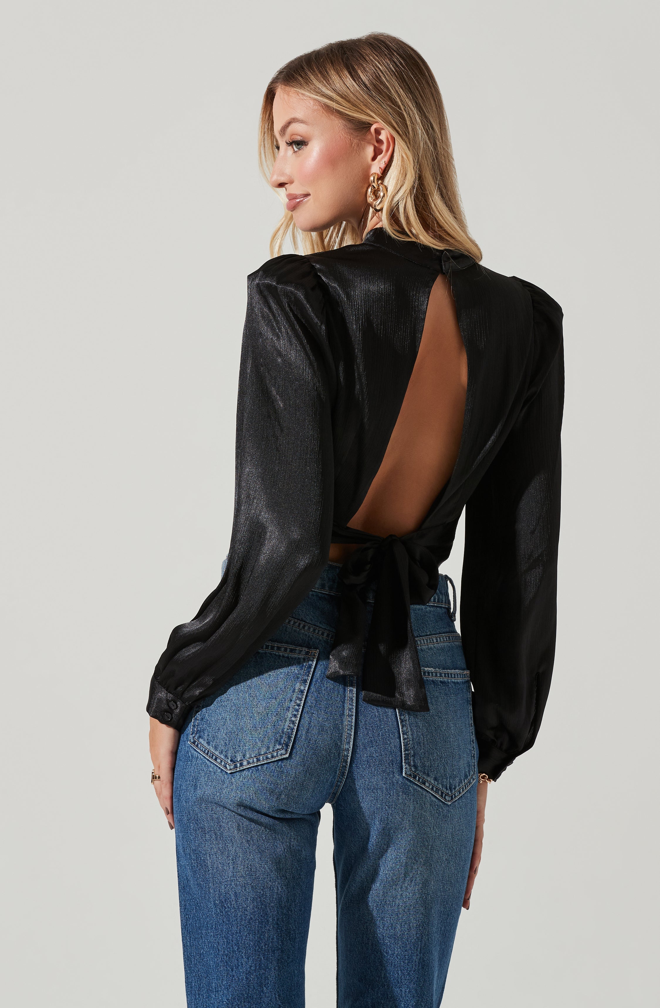 Long Sleeve Mock Neck Open Tie Back Top-Aljck