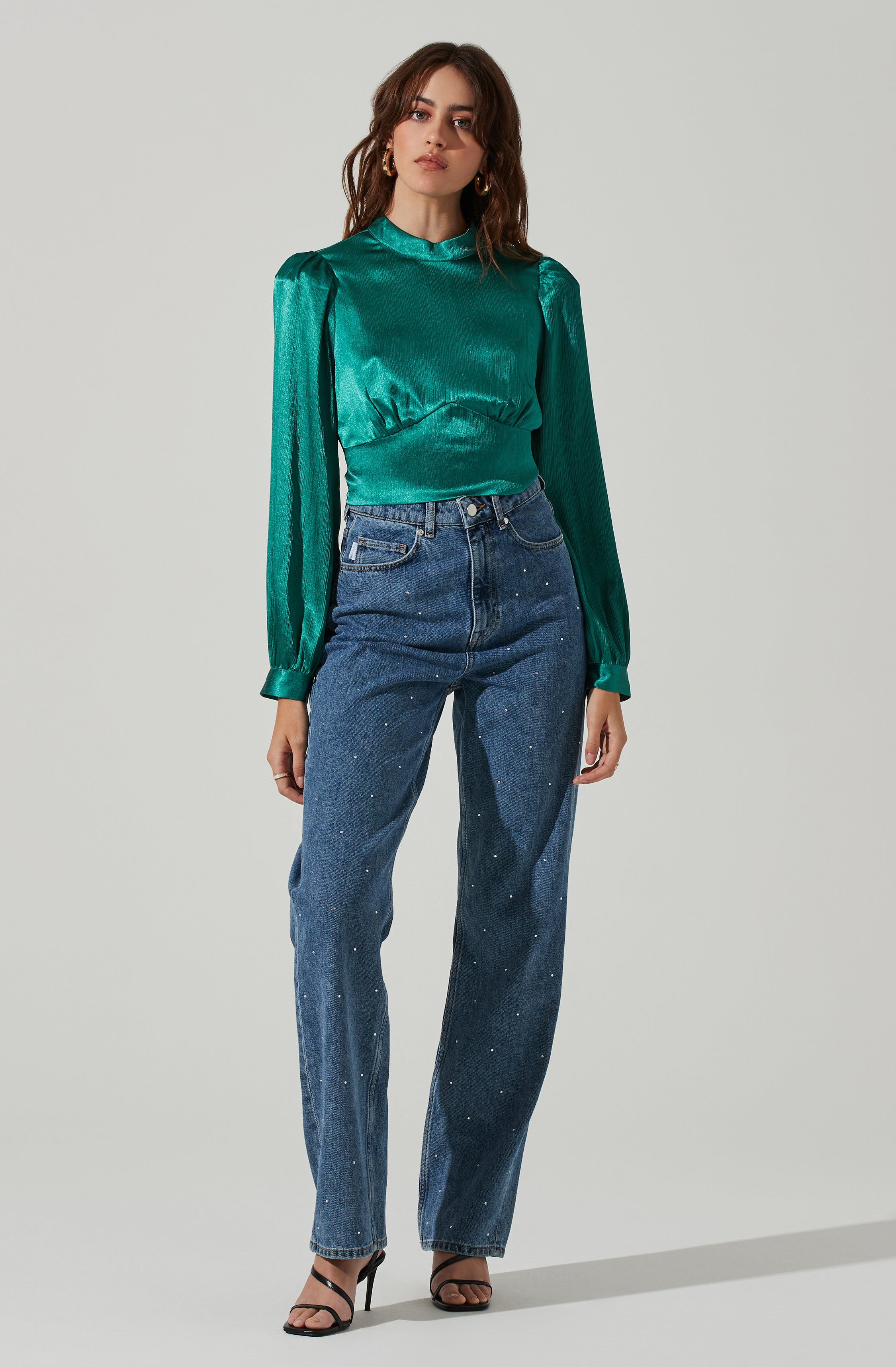 Long Sleeve Mock Neck Open Tie Back Top-Aljck