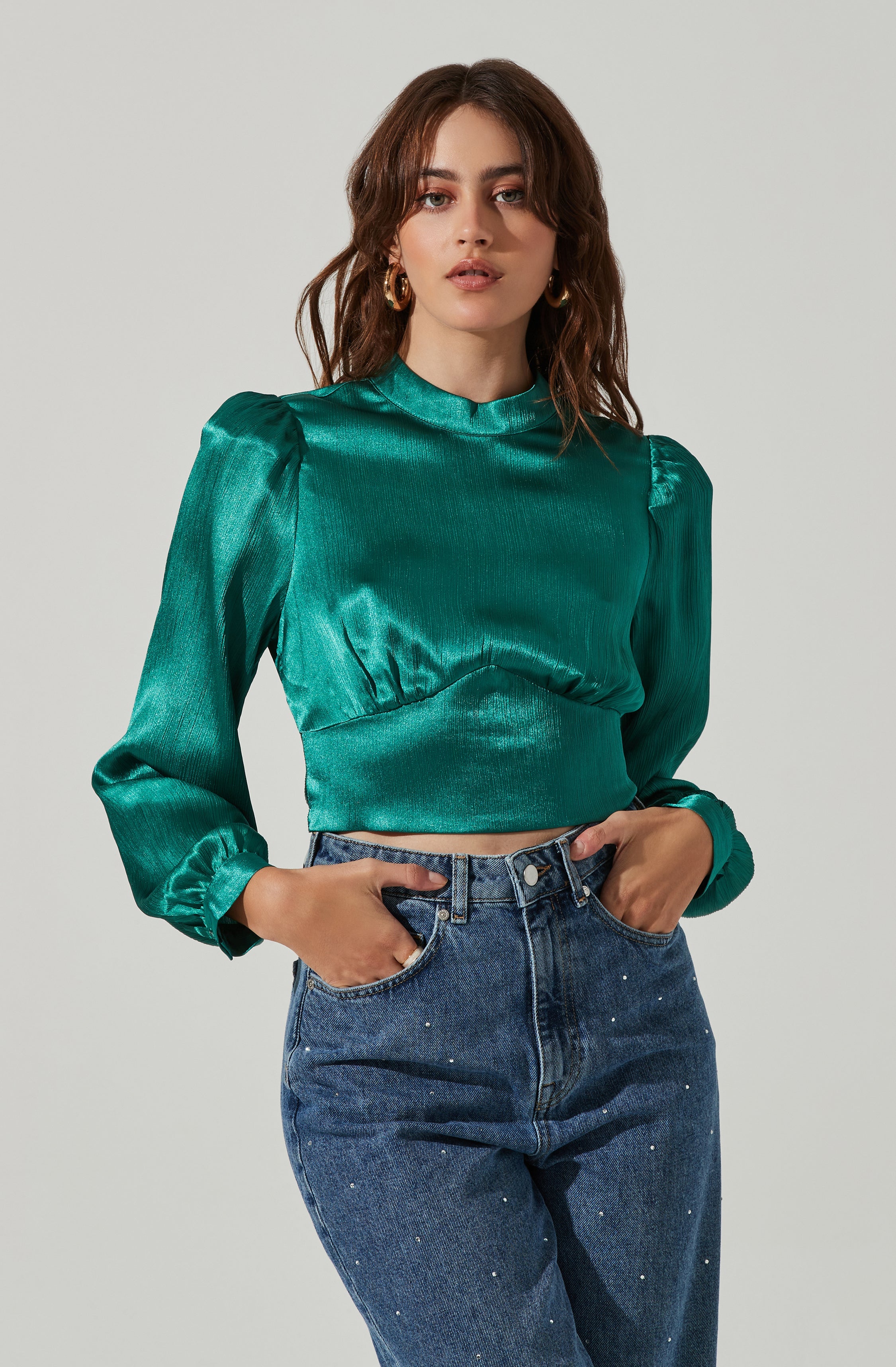 Long Sleeve Mock Neck Open Tie Back Top-Aljck