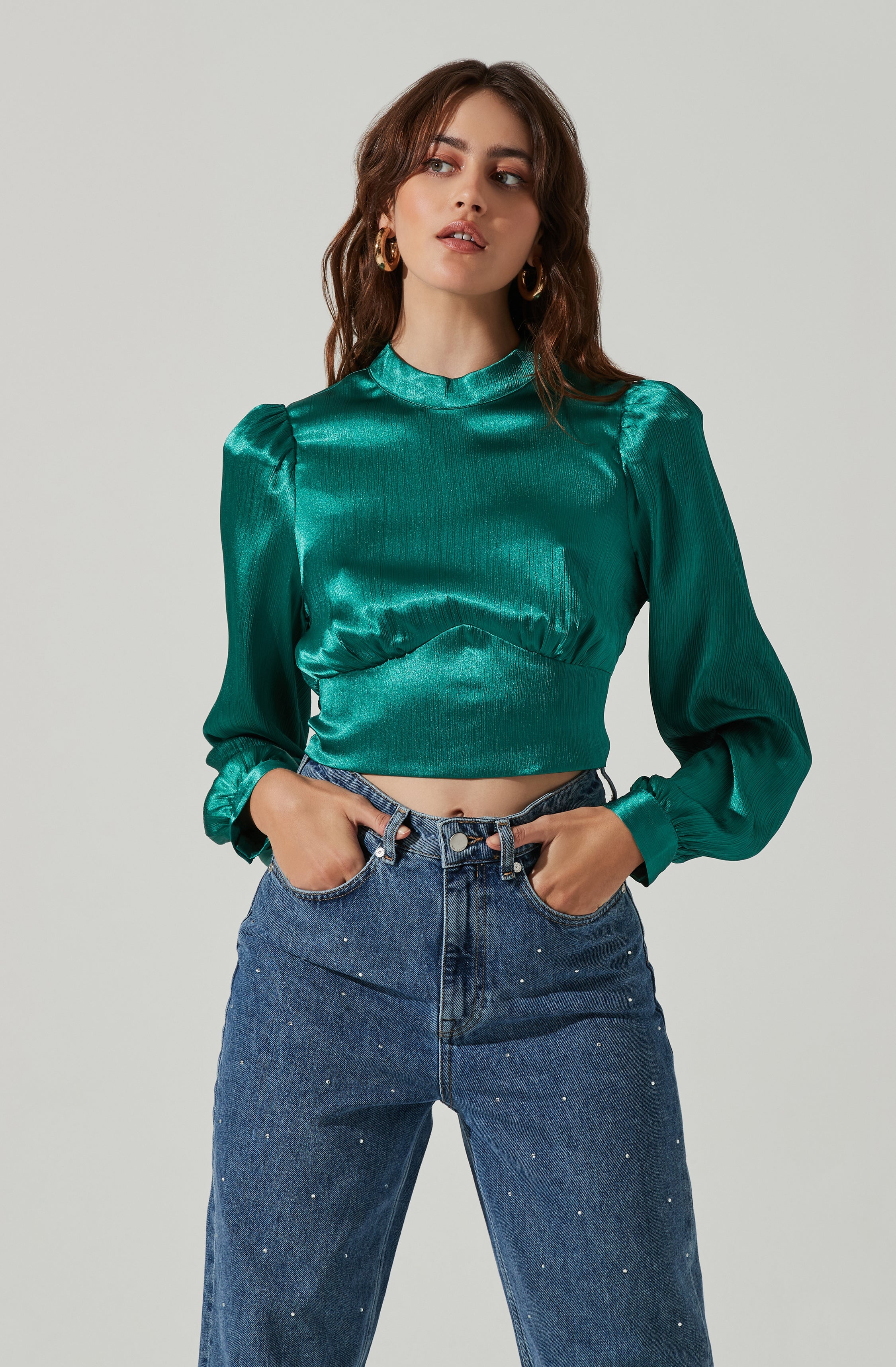 Long Sleeve Mock Neck Open Tie Back Top-Aljck