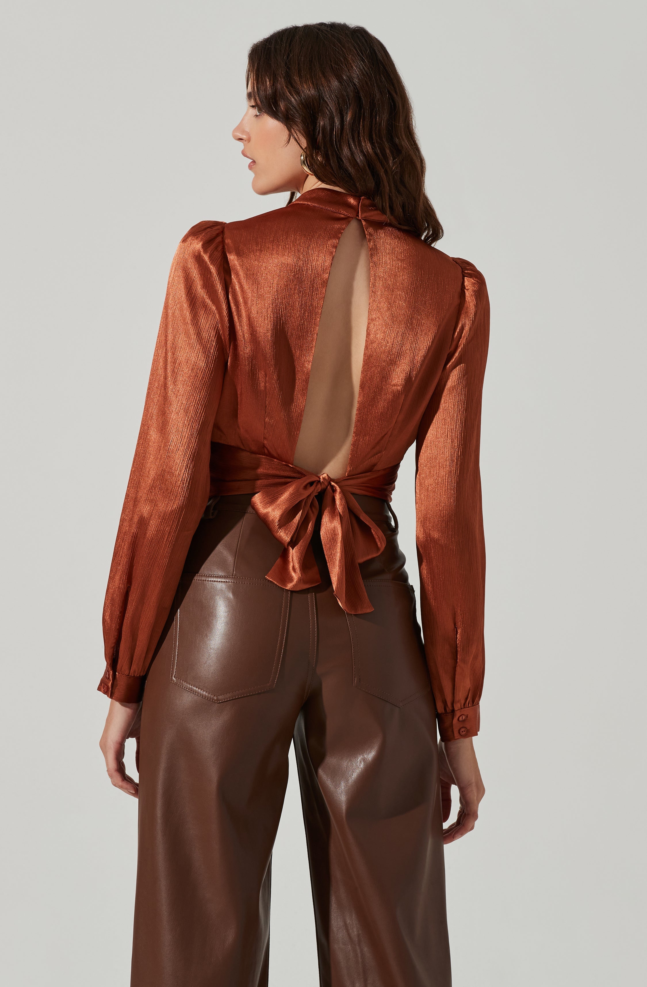 Long Sleeve Mock Neck Open Tie Back Top-Aljck