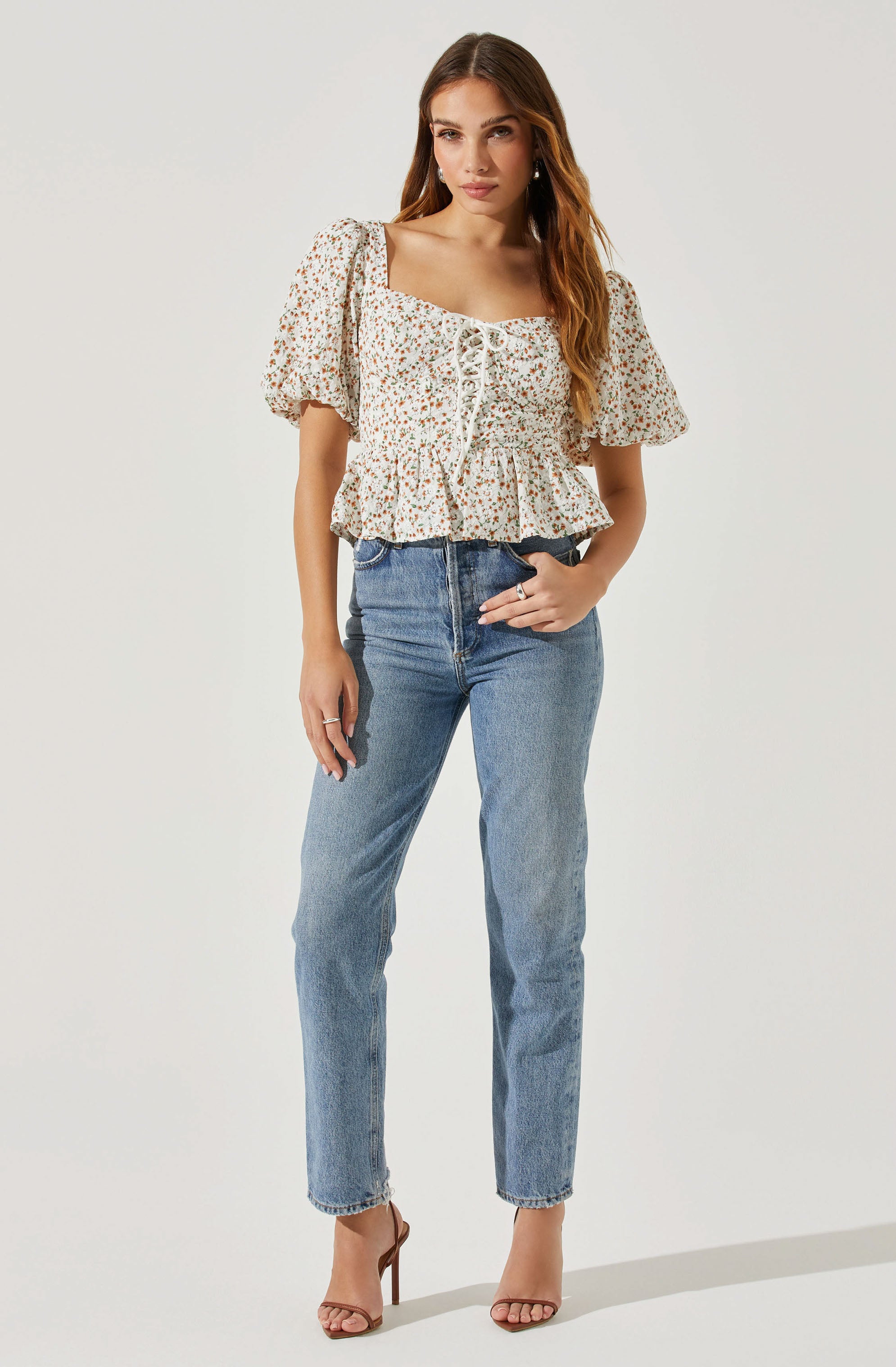 Bubble Sleeve Front Tie Floral Top-Aljck