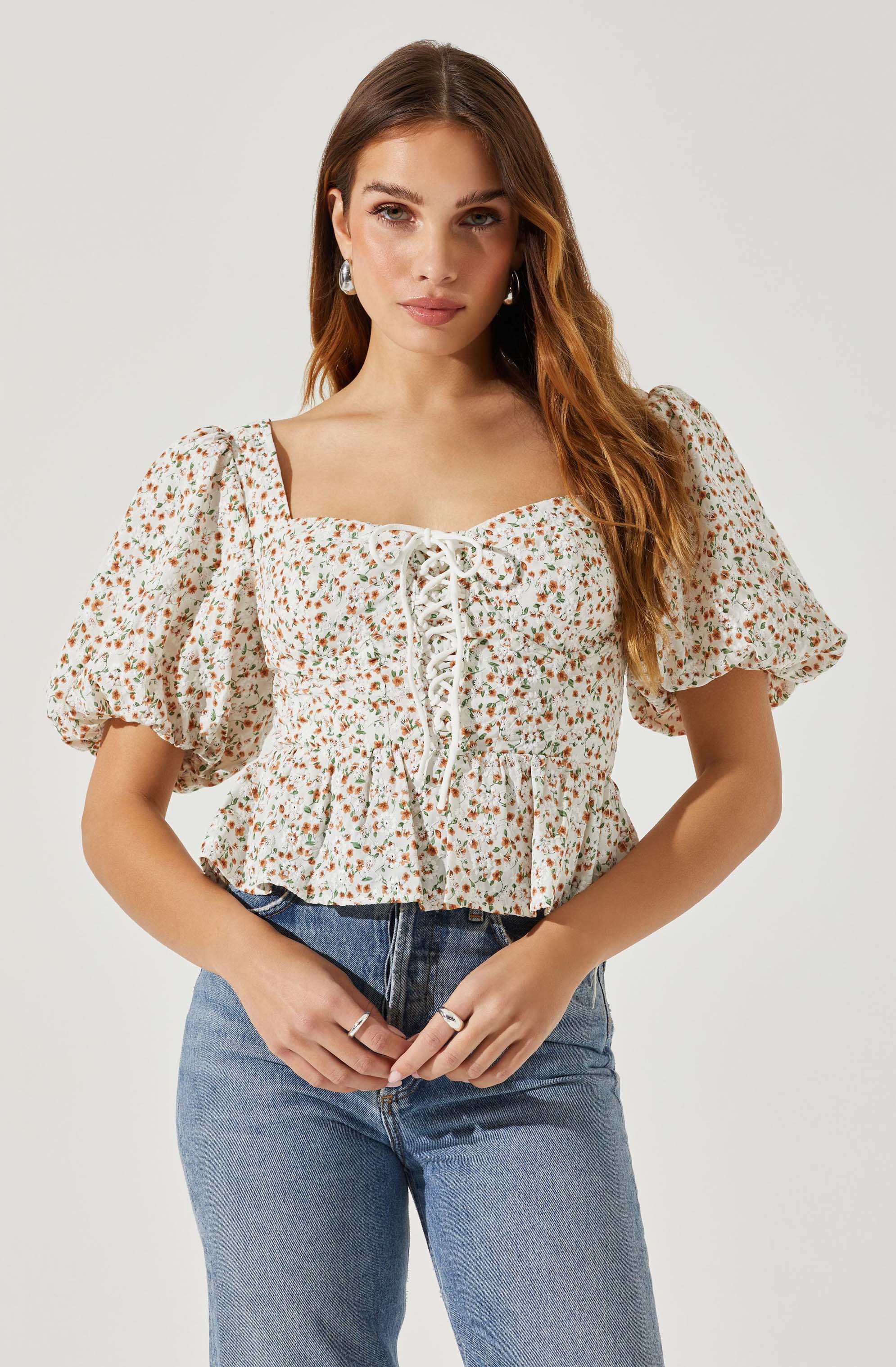 Bubble Sleeve Front Tie Floral Top-Aljck