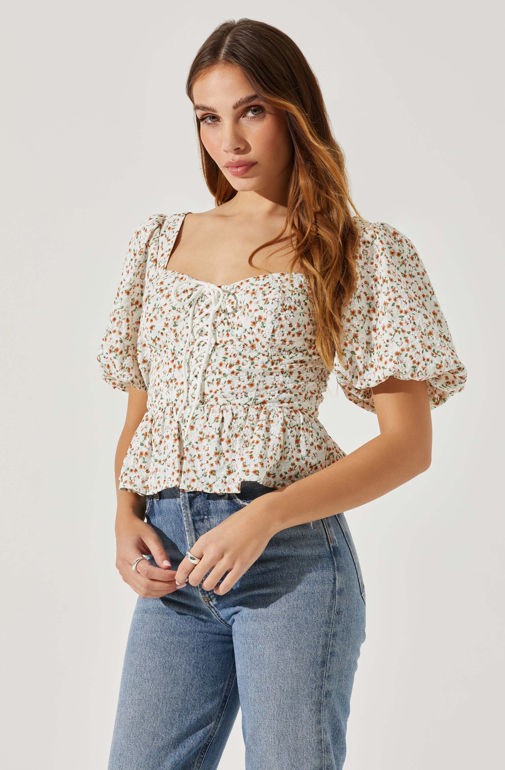 Bubble Sleeve Front Tie Floral Top-Aljck